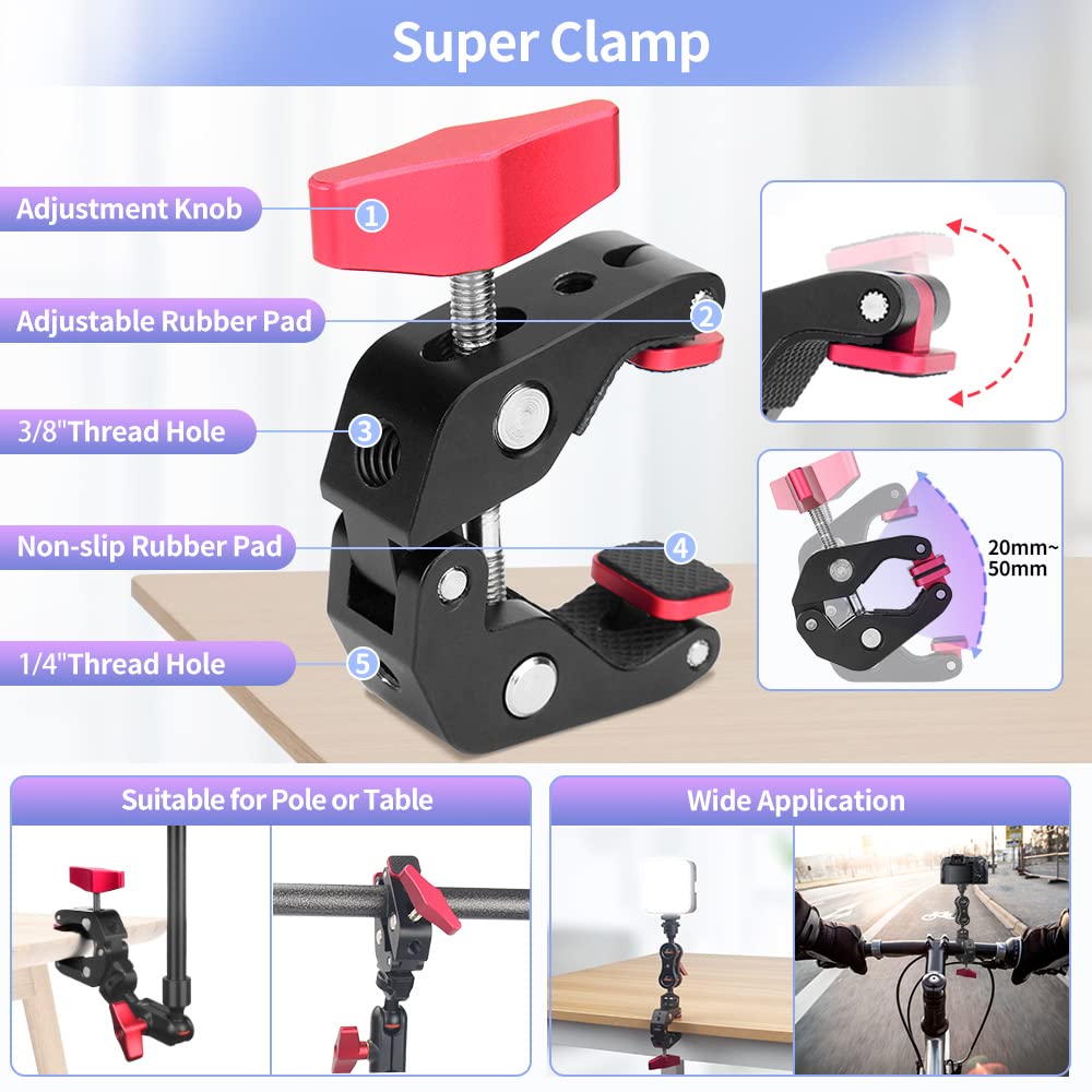 Magic Arm Camera Mount Super Clamp, 22Inch Mic Boom Arm Camera Clamp Mount With Phone Holder And 3/8'' 5/8'' Screw Adapters, Art