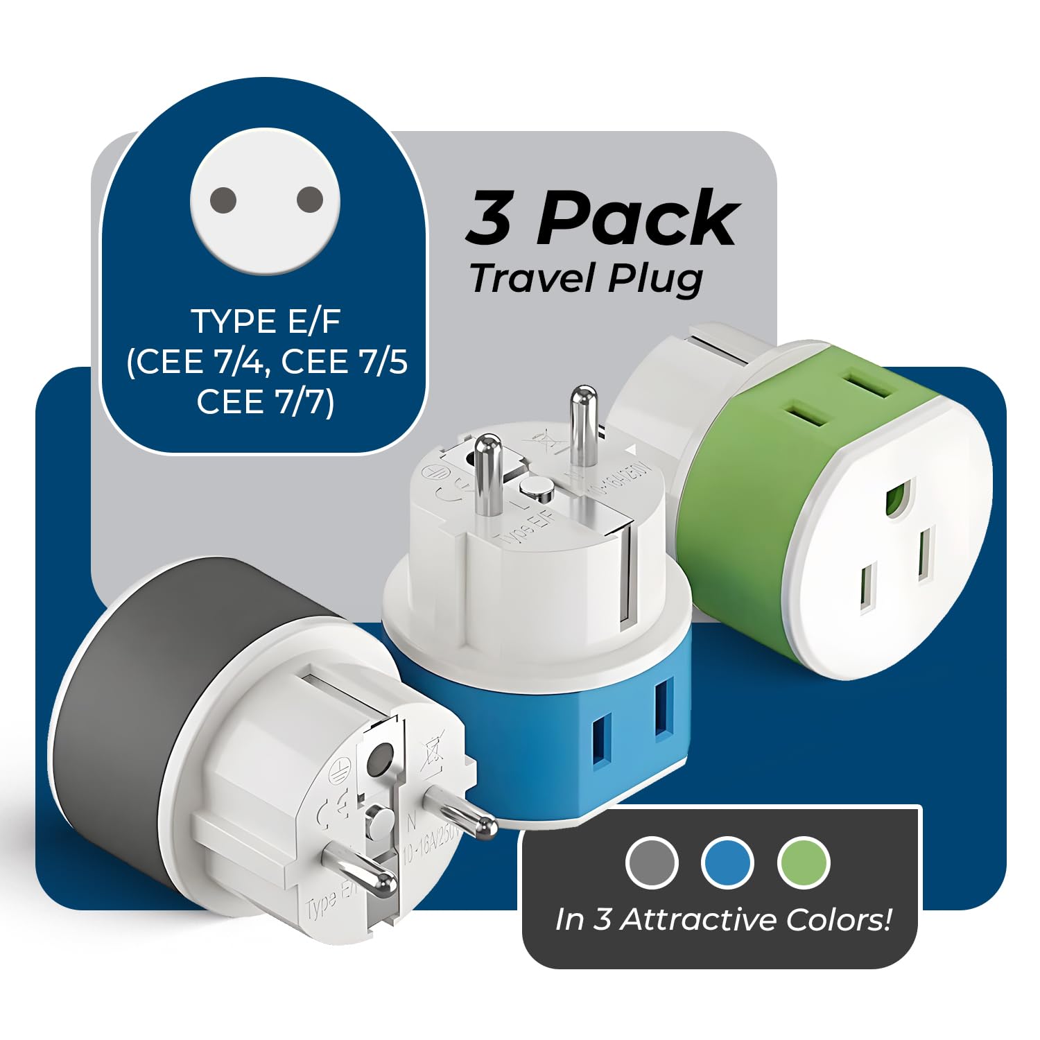 Orei Germany, France, Schuko Power Plug Adapter With 2 Usa Inputs   Travel 3 Pack  Type E/F (Us 9) Safe Grounded Use With Cell P