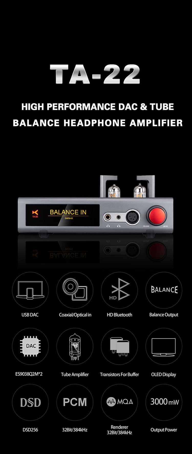 Xduoo Ta 22 Dac&Tube Balance Headphone Amplifier Es9038Q2M*2 Usb Dsd256 32Bit/384Khz Hd Bluetooth Dac Amp