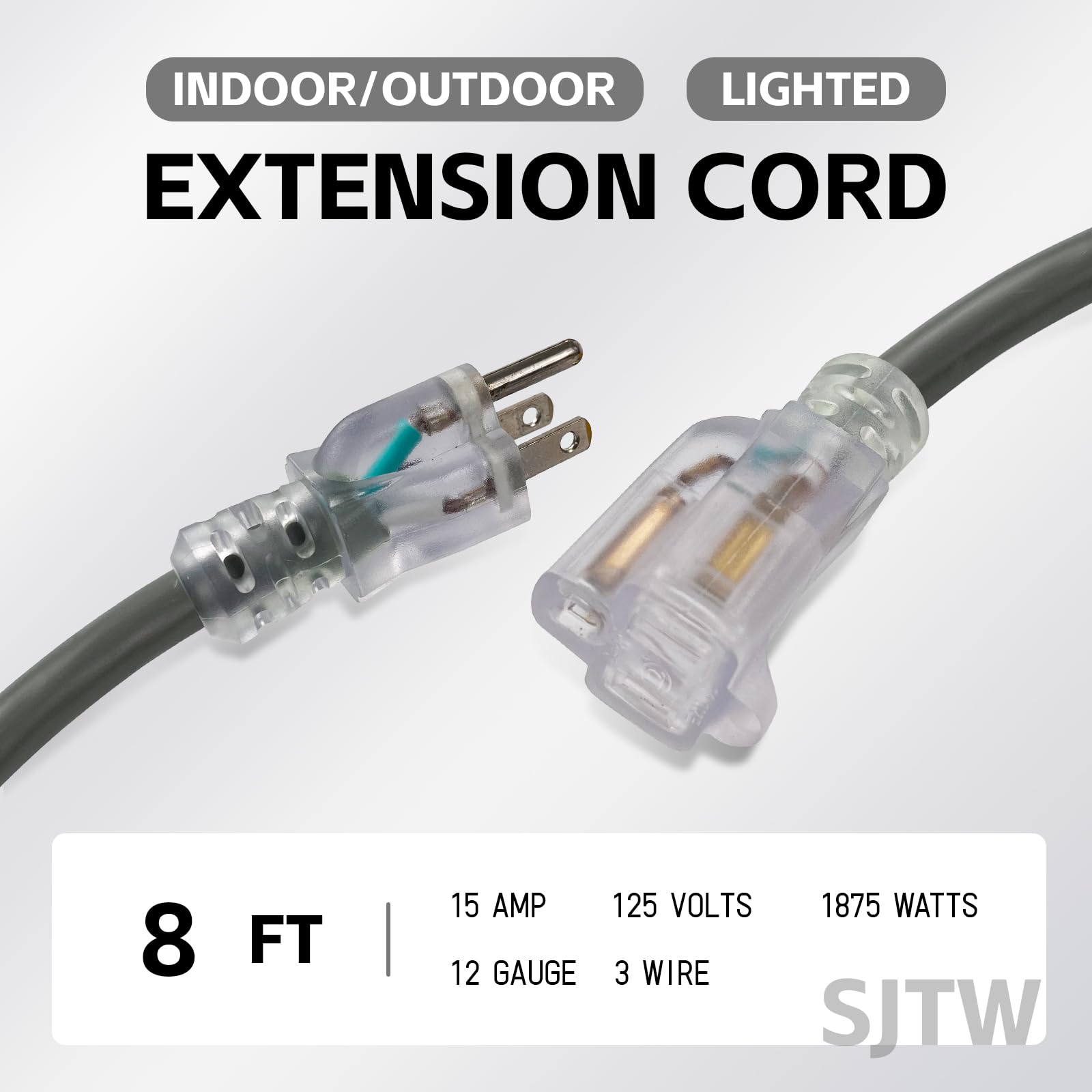 Ep 8 Ft Lighted Outdoor Extension Cord   12/3 Sjtw Heavy Duty Grey Extension Cable With 3 Prong Grounded Plug   Power Cord For L