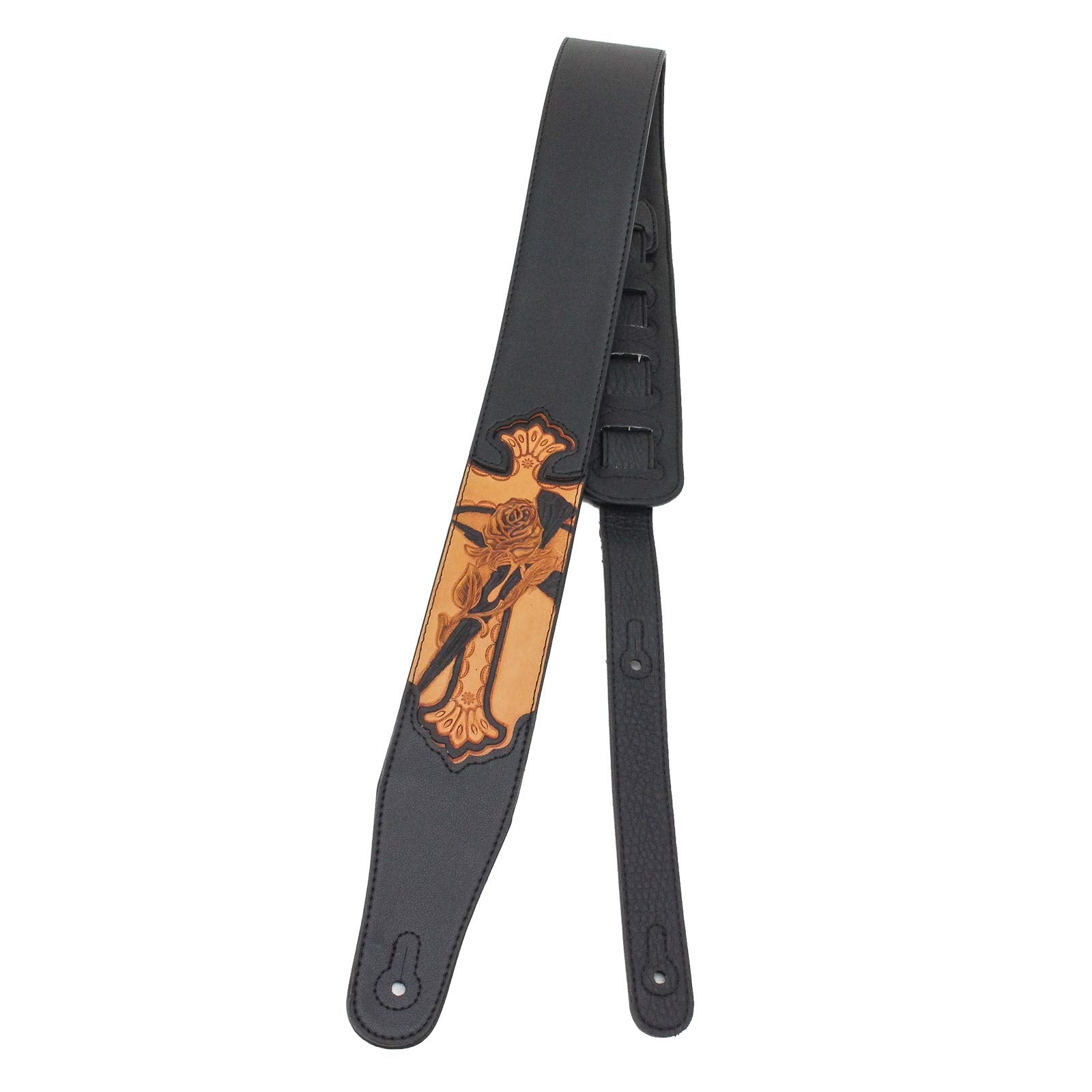 Walker & Williams Cvg 21 Black Padded Leather Guitar Strap Hand Tooled Christian Rose & Cross For Acoustic, Electric, And Bass G