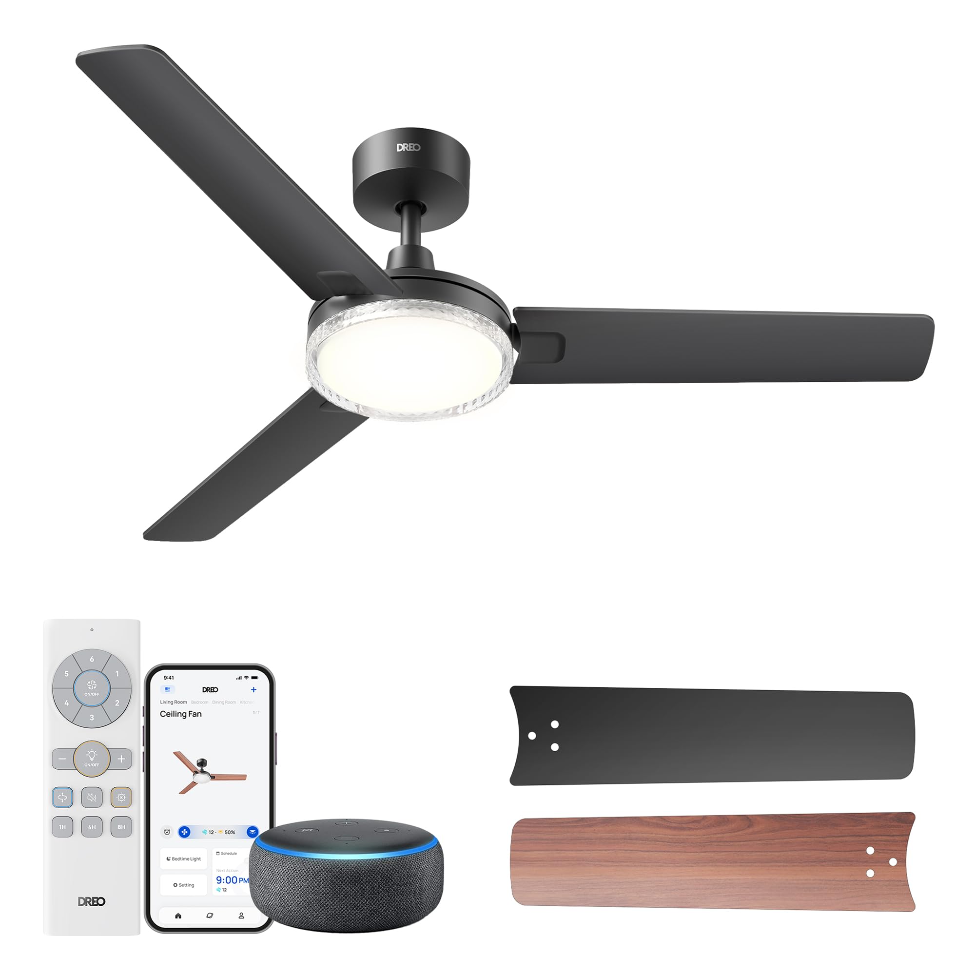 Dreo 52 Inch Smart Black Ceiling Fans with Lights, 12 Speeds & 3 Fan Modes, Stepless Color Tones, Dimmable LED Light, 1-12H Time