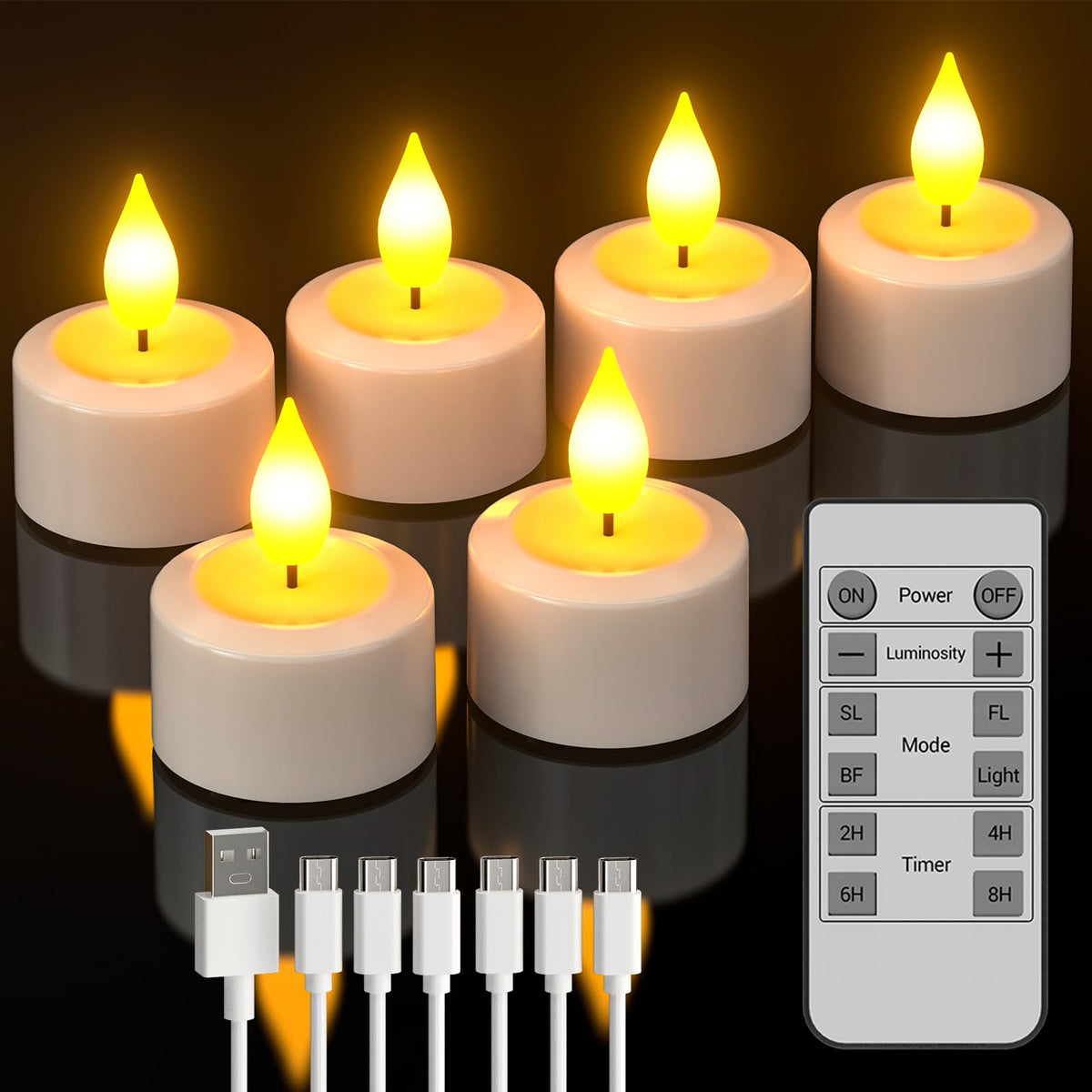 Soulbay Rechargeable Tea Lights With Remote, 6Pcs Led Electric Flameless Flickering Candles With Timer & Usb Cable For Home Lant