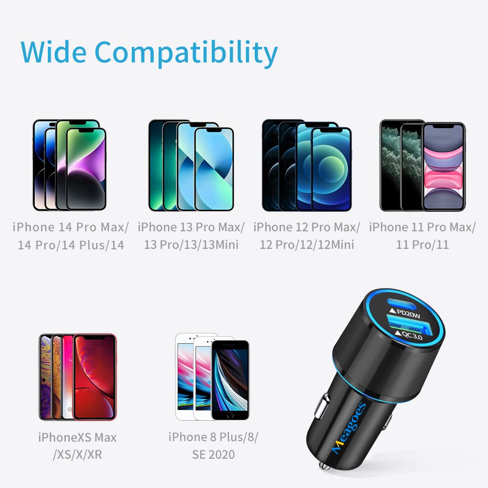 Fast Usb C Car Charger, Meagoes 20W Pd Rapid Charging Adapter Compatible For Apple Iphone 14 Pro Max/14 Pro/14 Plus/14/13/12/Min
