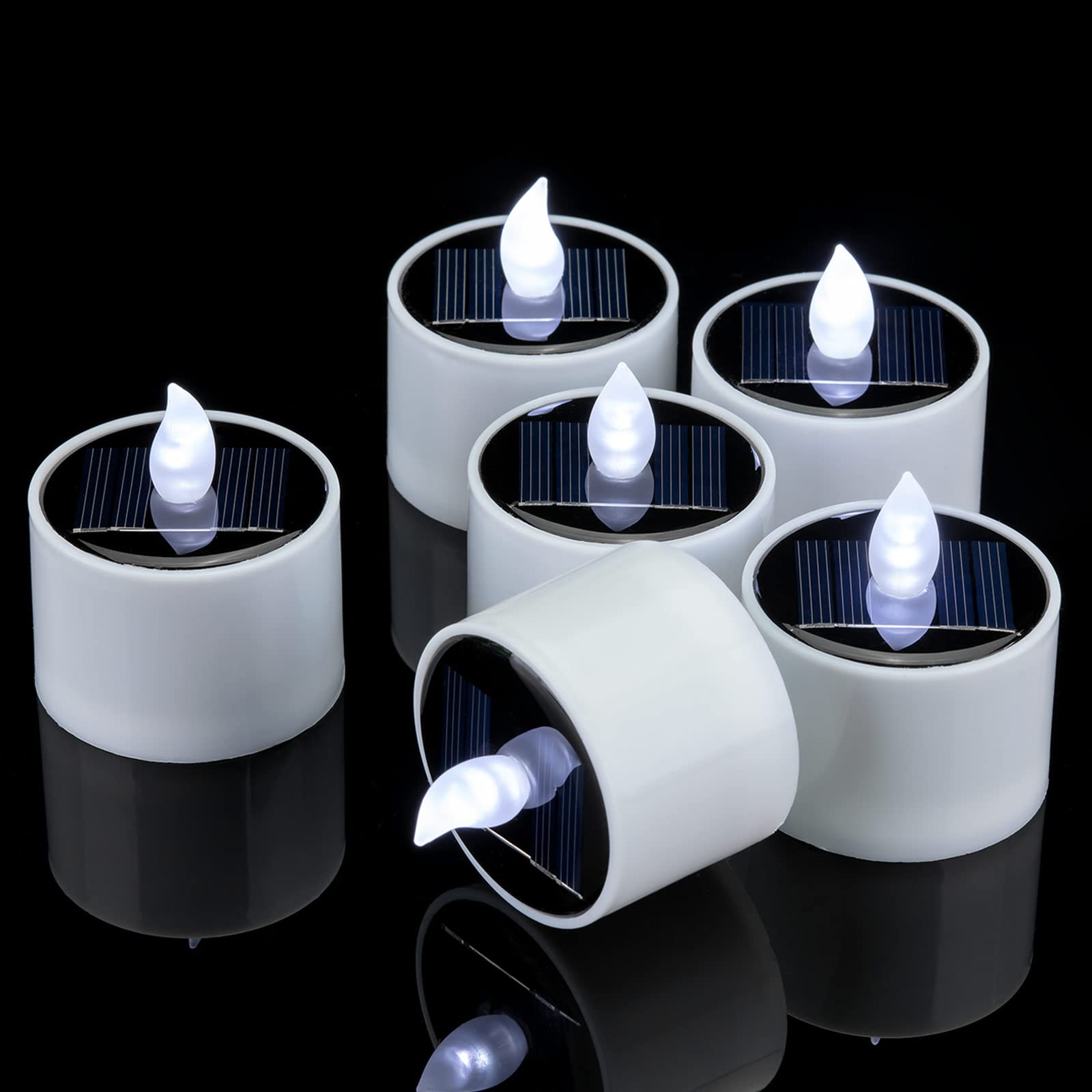 Singtok 6 Pcs Solar Powered Tea Light Waterproof Rechargeable Candles, White Flickering Led Flameless Votive Battery Operated Fo