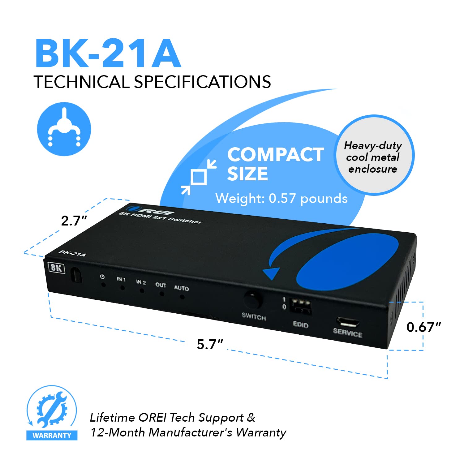 Orei 8K Hdmi 2.1 Switch 4K@120Hz Switcher 2 In 1 Out, With Audio Extraction 48Gbps Bandwidth, Ideal For Gaming And Streaming (Bk