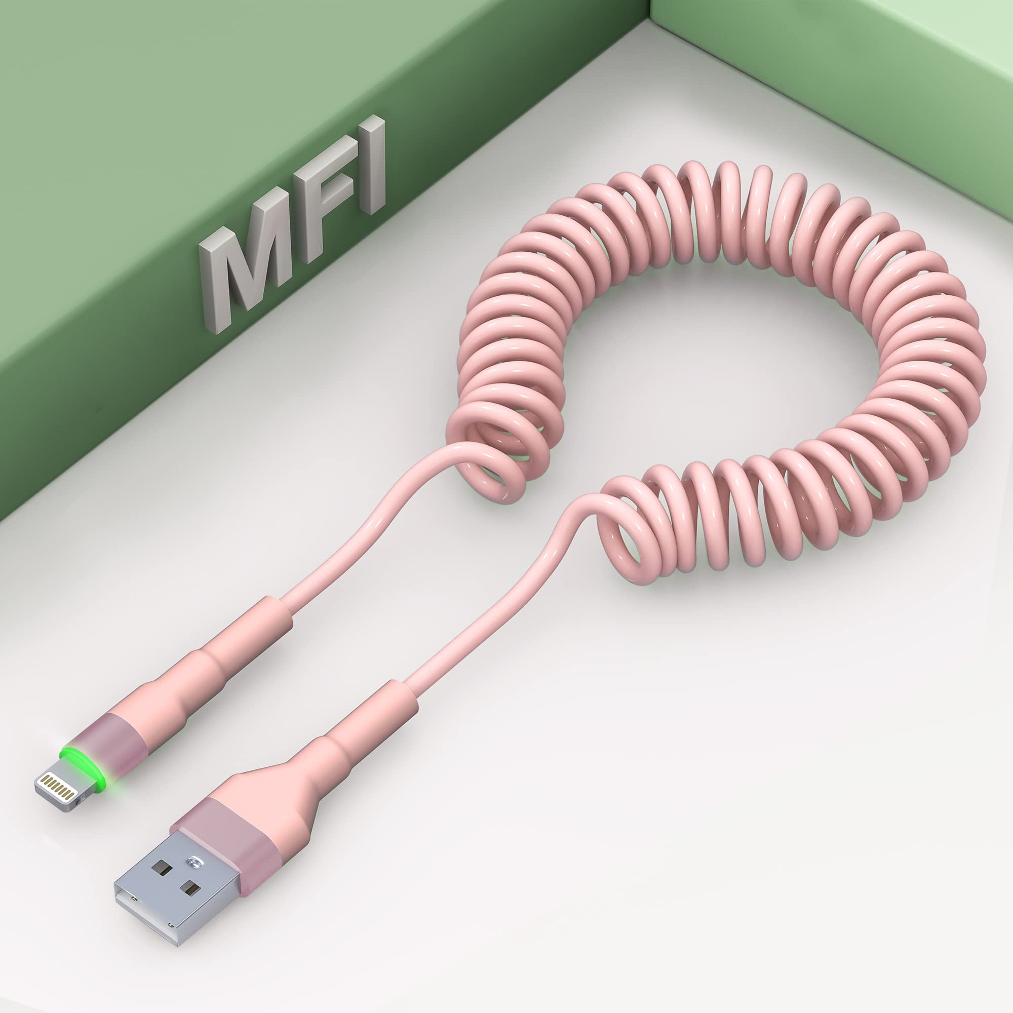 Coiled Iphone Lightning Cable [Mfi Certified], Apple Carplay Cable With Data Sync, Short Coiled Iphone Charger Cable For Car, Pink