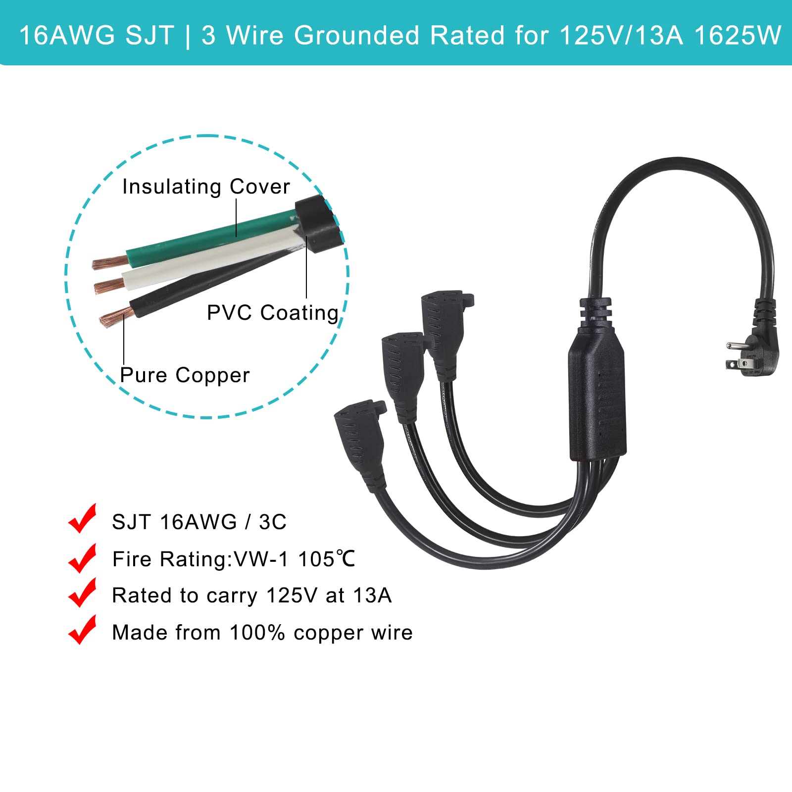 [2Pack]1.5Ft 3 Outlet Power Splitter Extension Cord   18Inch 1 To 3 Flat Plug Extension Cord Splitter , Sjt 16Awg 3 Prong 1 To 3