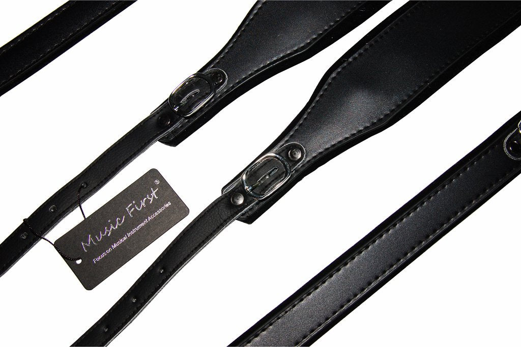 MUSIC FIRST Black Leather 96-120 BASS Accordion Shoulder Strap Set with Fast-On Back Strap, Comfortable and Durable