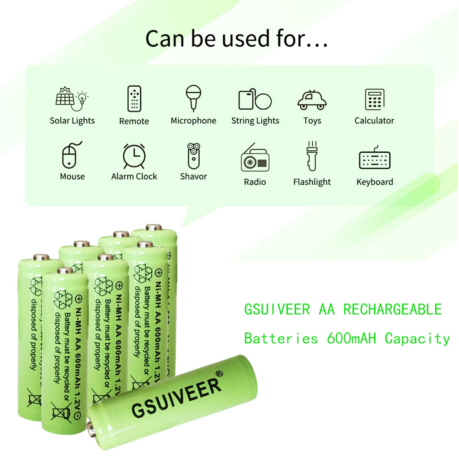 Gsuiveer 1.2V Ni Mh Aa 600Mah Rechargeable Batteries For Outdoor Solar Garden Lights (8 Pack)