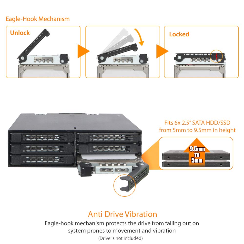 ICY DOCK Full Metal 6 x 2.5 SAS/SATA HDD/SSD Mobile Rack Enclosure for 5.25' Bay | ToughArmor MB996SP 6SB