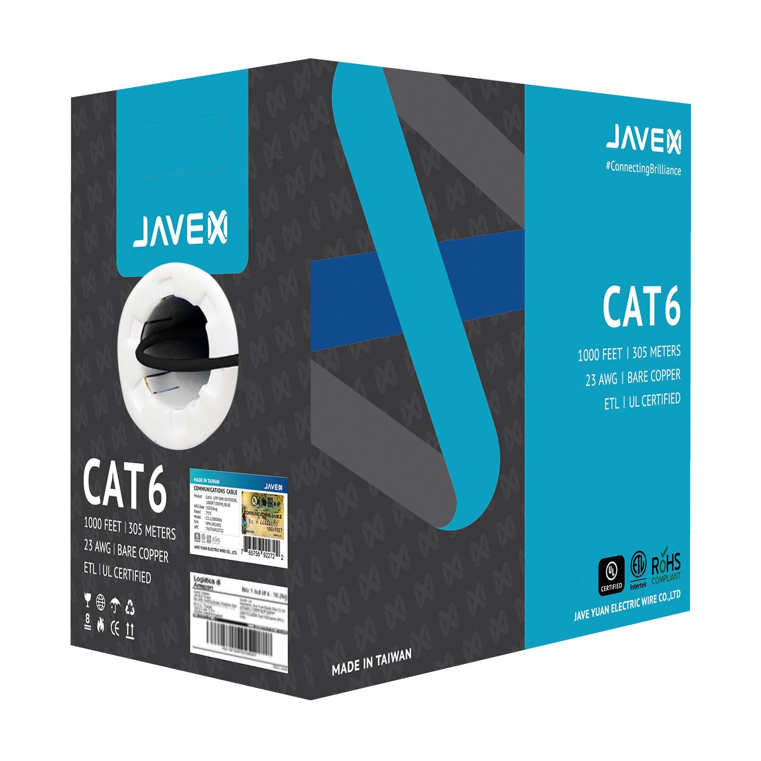 JAVEX CAT 6 Ethernet Cable 1000ft [UL Listed] in-Wall CM Rated 23AWG Solid Bare Copper, 600MHz, ETL Listed Made in Taiwan TAA Co