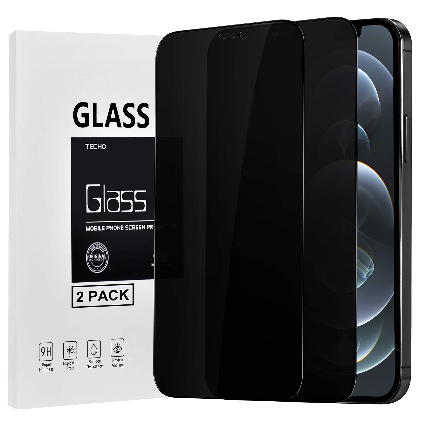 Techo Privacy Screen Protector Compatible With Iphone 12 / Iphone 12 Pro (Edge To Edge Full Coverage) Anti Spy Tempered Glass Fi