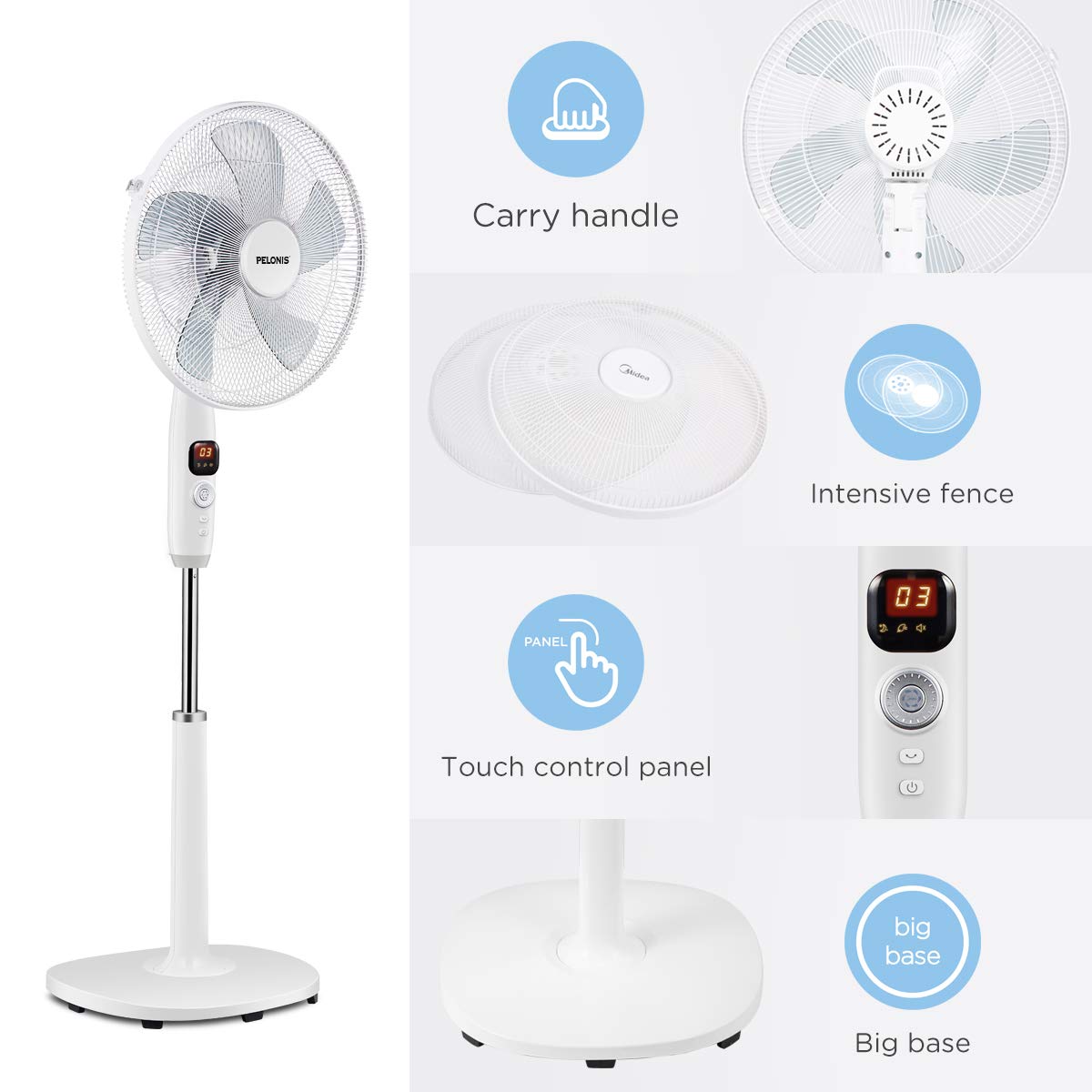 Pelonis 16'' Oscillating Pedestal Fan | Standing Adjustable Fan | Ultra Quiet Dc Motor | Remote Control | 3 Modes | 12 Hour Time