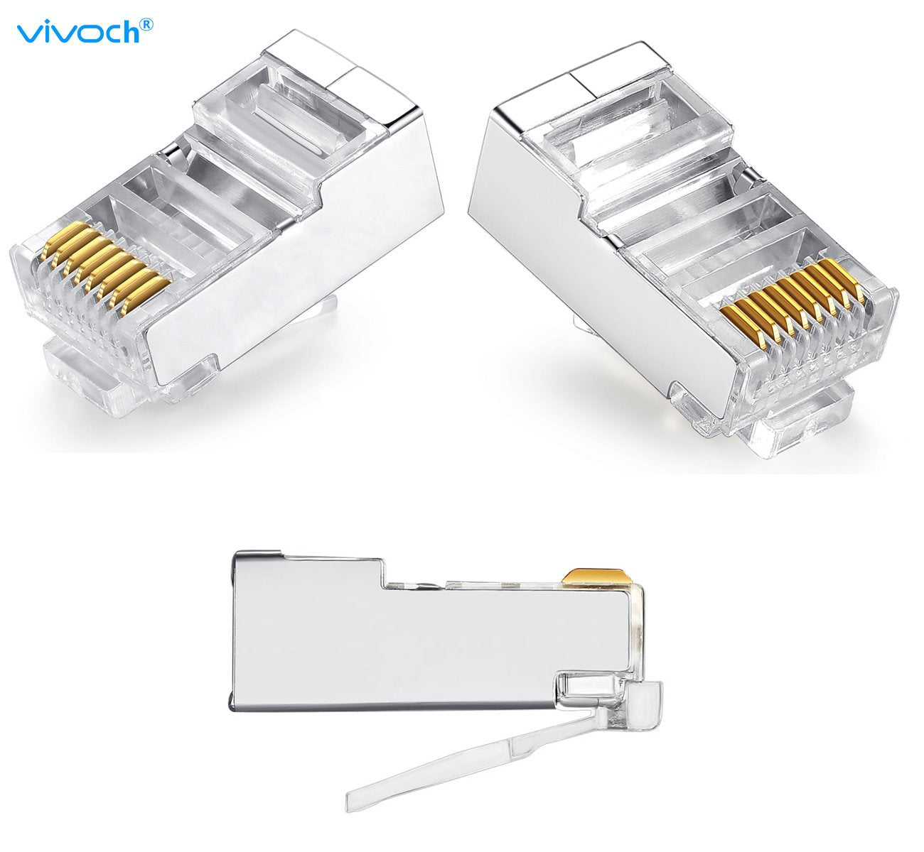 Vivoch 50 Pcs Cat6 Rj45 Connectors, Cat6 Rj45 Plugs, Cat6 Metal Shielded Rj45 Ends Ftp 8P8C Modular Network Plug Connector