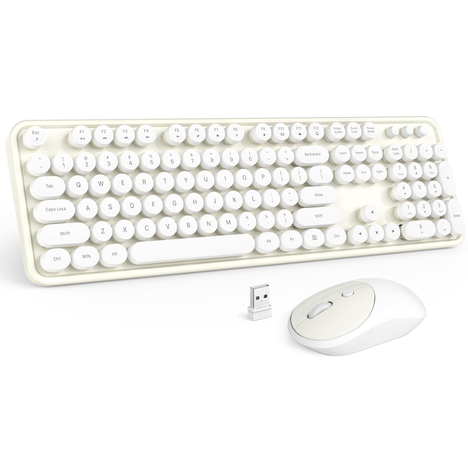 Mofii Wireless Keyboard And Mouse Combo, Milk White 2.4G Full Size Keyboard, Round Key Typewriter Keyboards And Cute Mice With 2