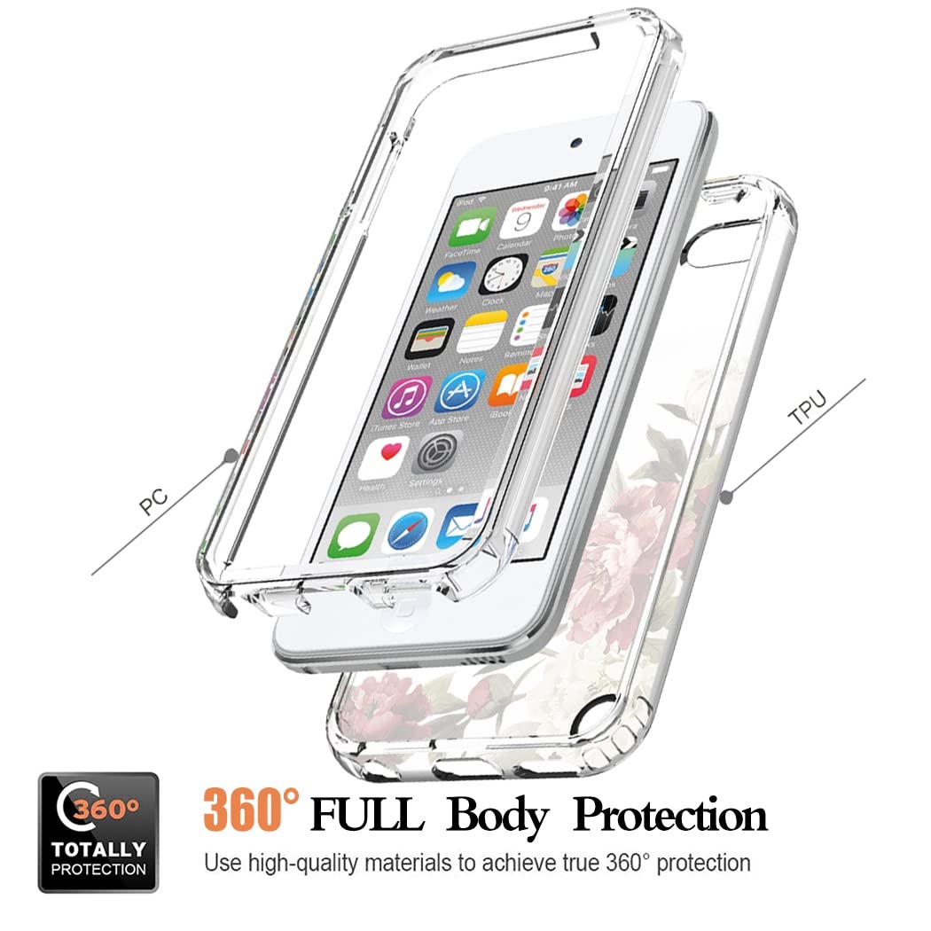 Yodueiv For Ipod Touch 6/Touch 5/Touch 7 Case With Tempered Glass Screen Protector, Full Body Shockproof Cute Clear Floral Patte