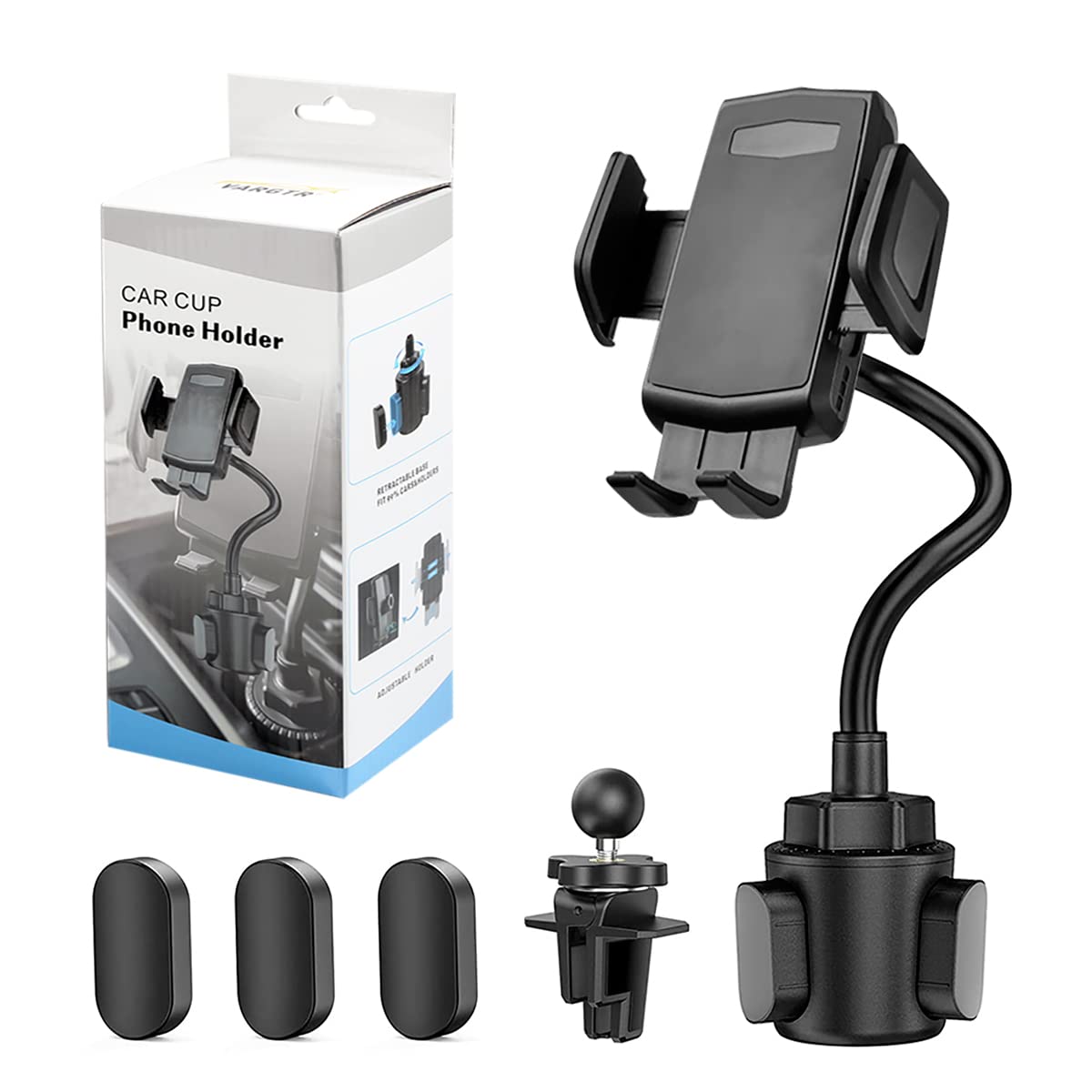 Vargtr 2-In-1 Cup Holder Phone Mount, Universal Adjustable Gooseneck Cup Holder, 360 Rotation, One-Button Release, Fits 4''-7'' 