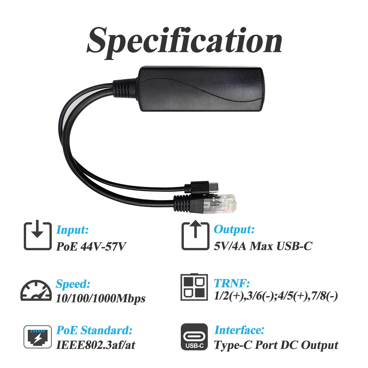 REVODATA 2.5G Type C PoE Splitter 5V/4A 20W IEEE802.3af/at