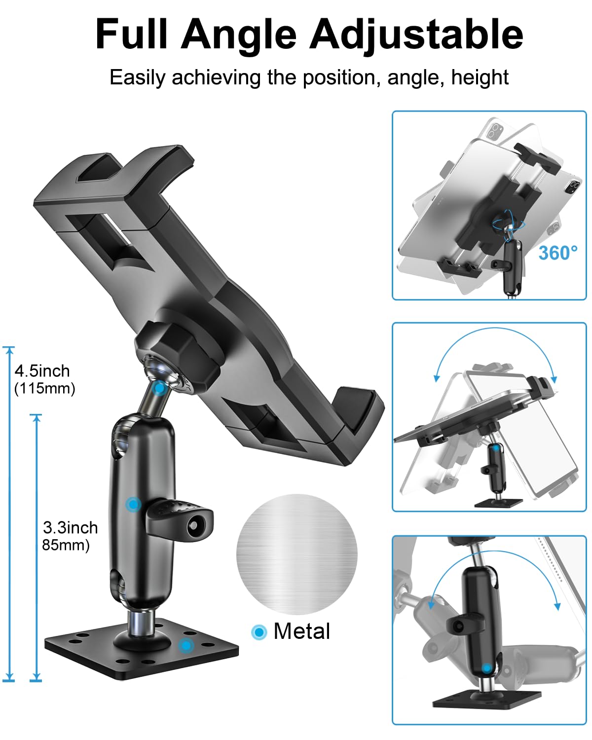 Woleyi Heavy Duty Drill Base Tablet Holder For Car/Truck - [Metal 360 Adjustable Arm] Dashboard Tablet Car Mount For Semi/Busine