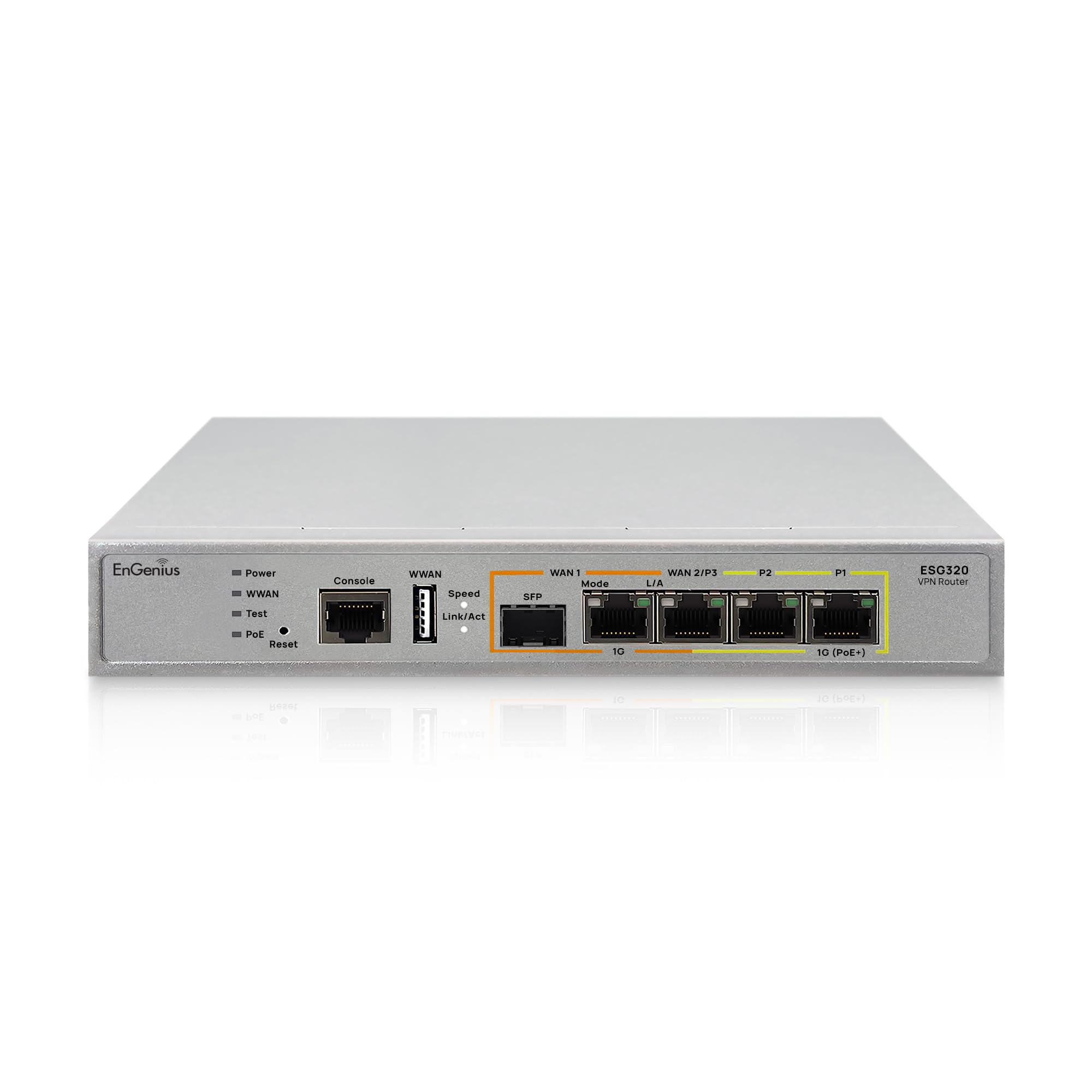EnGenius Cloud Managed VPN Router ESG320 2.1 GHz Dual-Core, Dual-WAN, 4 Gigabit LAN (1 PoE+), 1 SFP, Auto-VPN, stateful Firewall