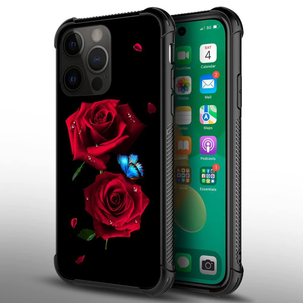 Tnxee Case Compatible With Iphone 14 Pro Case,Butterfly On Red Roses Pattern Design Case For Iphone 14 Pro Cases For Men Women C