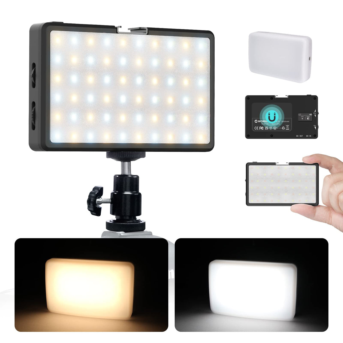 LED Video Light, Moman Camera Light for Photography, Portable 5000mAh Video Recording Lights with Cold Shoe, Mini Light CRI 98+ Dimmable 2500-9000K Video Lighting, On-Camera-LED-Video-Light
