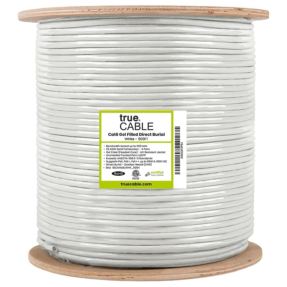 Truecable Cat6 Direct Burial, Gel Filled, 500Ft, White, Waterproof, Cmx, 23Awg Solid Bare Copper, 550Mhz, Poe++ (4Ppoe), Etl Listed, Unshielded Utp, Bulk Ethernet Cable