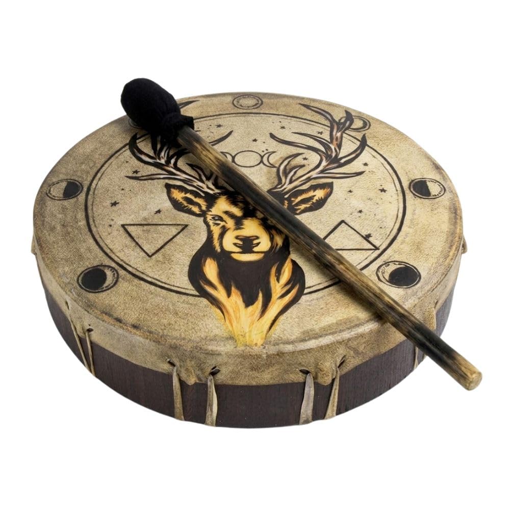 Ceremonial Frame Drum  Stag With Moon Phases, 12inch Diameter, Includes Beater, Handmade & Painted By Artisans In Bali