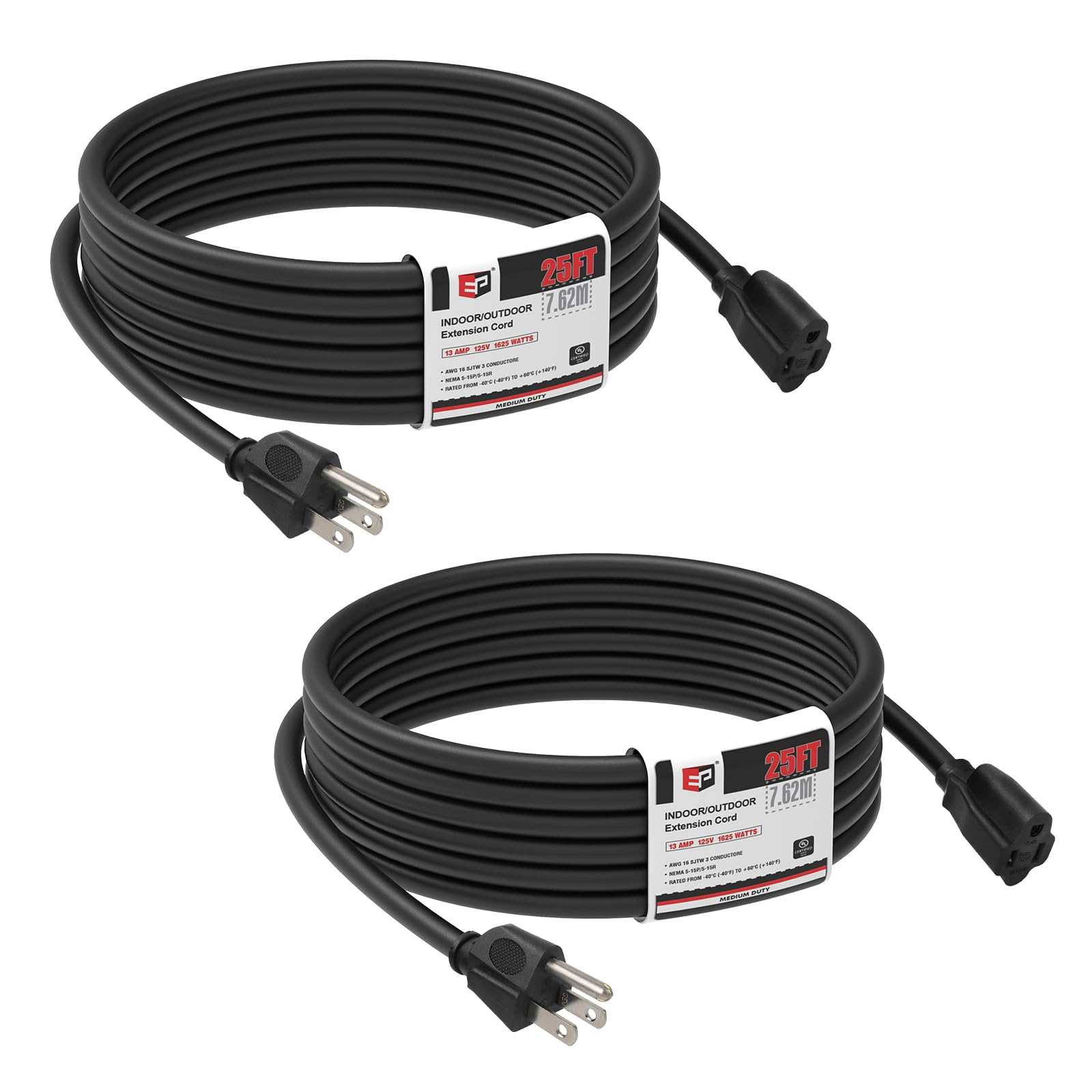 Ep 2 Pack 25Ft Black Outdoor Extension Cord, 16/3 Sjtw Heavy Duty Waterproof, 3 Prong Grounded Plug, 13A 1625W 16Awg, Cold Resis