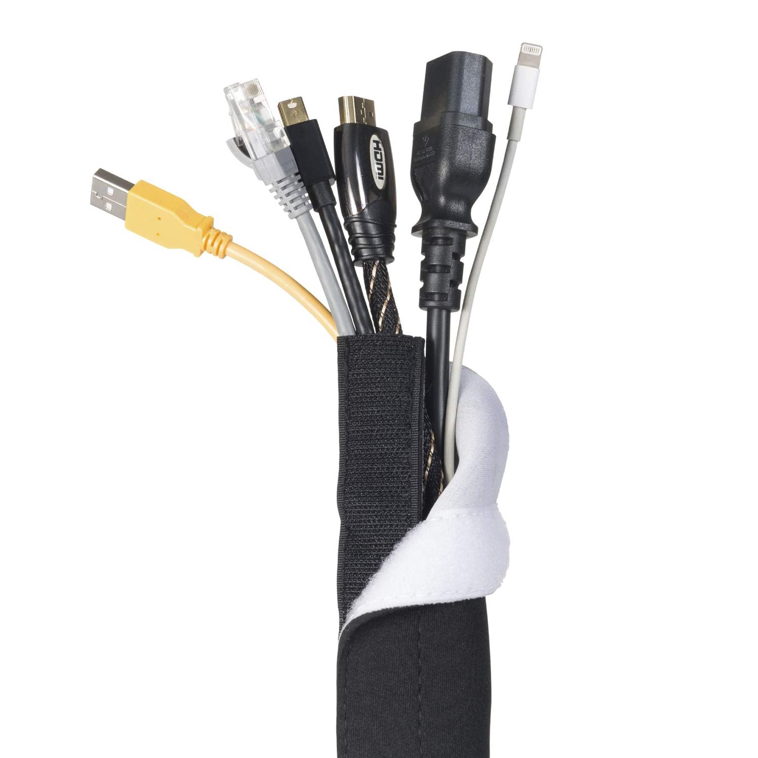D Line 39In Reversible Black Or White Cable Sleeve, Computer Cord Hider, Organize Pc Cables, Neoprene Tv Wire Sleeves, Flexible