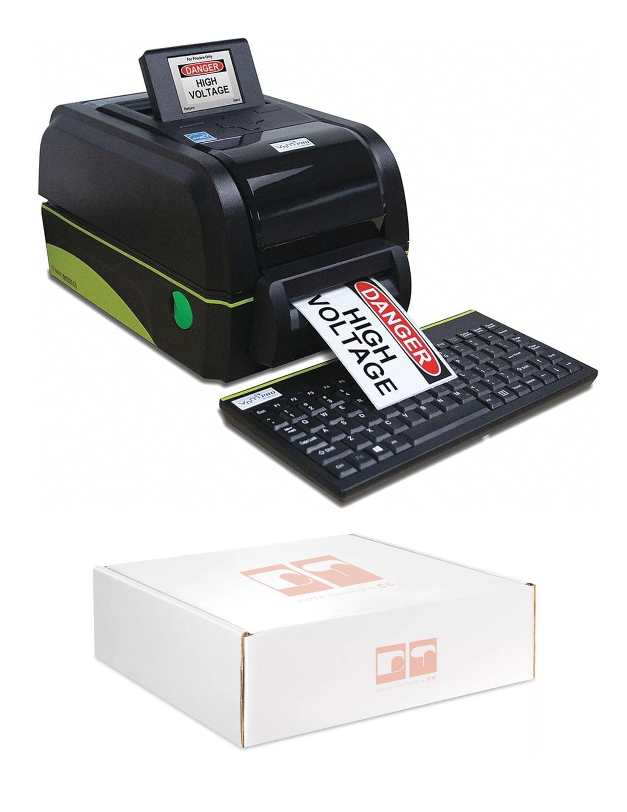VnM4 PRO Safety Sign and Label maker with LCD screen and compact keyboard. Prints 1 to 4 vinyl media and die-cut labels. Vinyl P