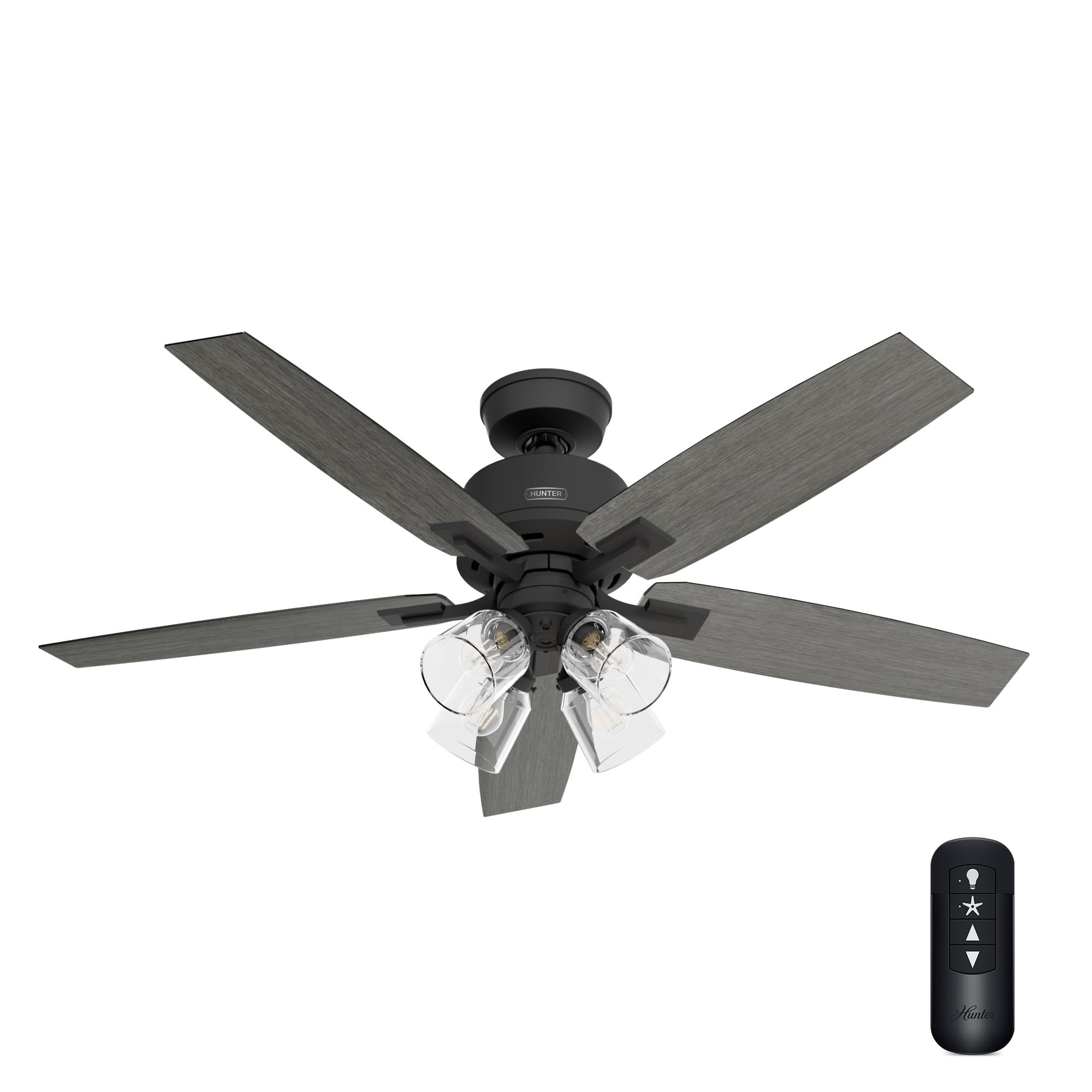 Hunter 52 inch Indoor Ceiling Fan with LED Lights and Remote Control - Black Ceiling Fan, Standard Mount, 5 Blades, For Bedroom,