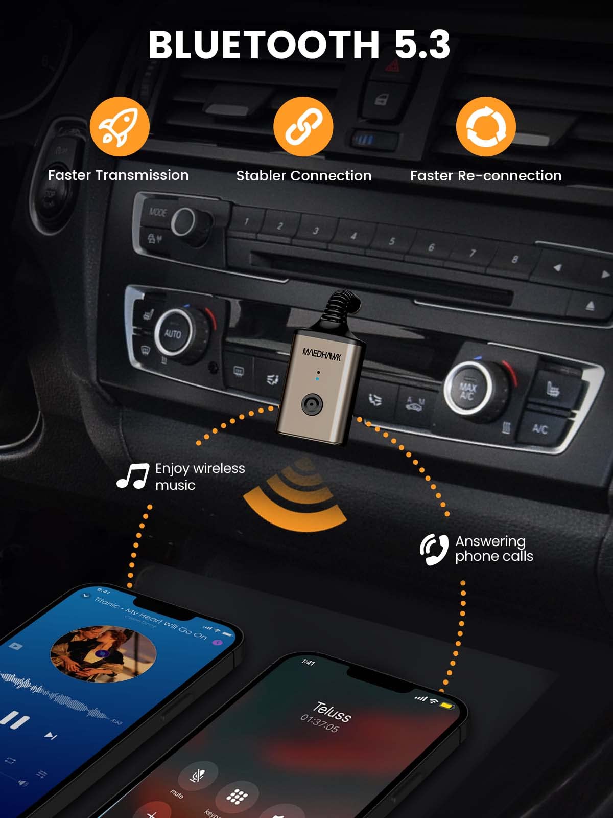 Maedhawk Aux Bluetooth Adapter For Car, Portable Bluetooth 5.3 Car Adapter, Rotatable 3.5Mm Bluetooth Wireless Audio Receiver For Car/Home Stereo/Speaker/Wired Headphones, Hands Free Calls