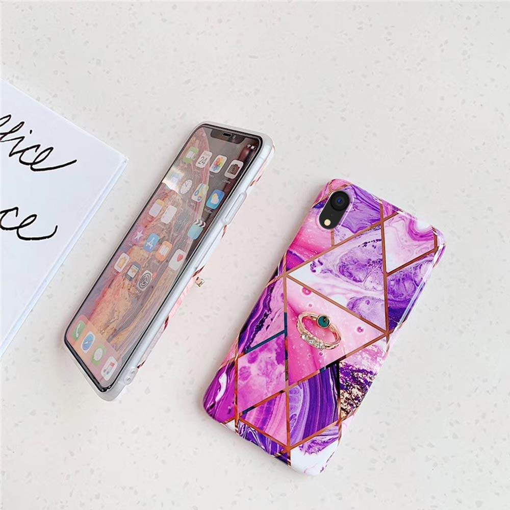 Qokey iPhone XR Case Marble Design 360 Ring Kickstand Soft TPU Shockproof Purple for iPhone XR 6.1"