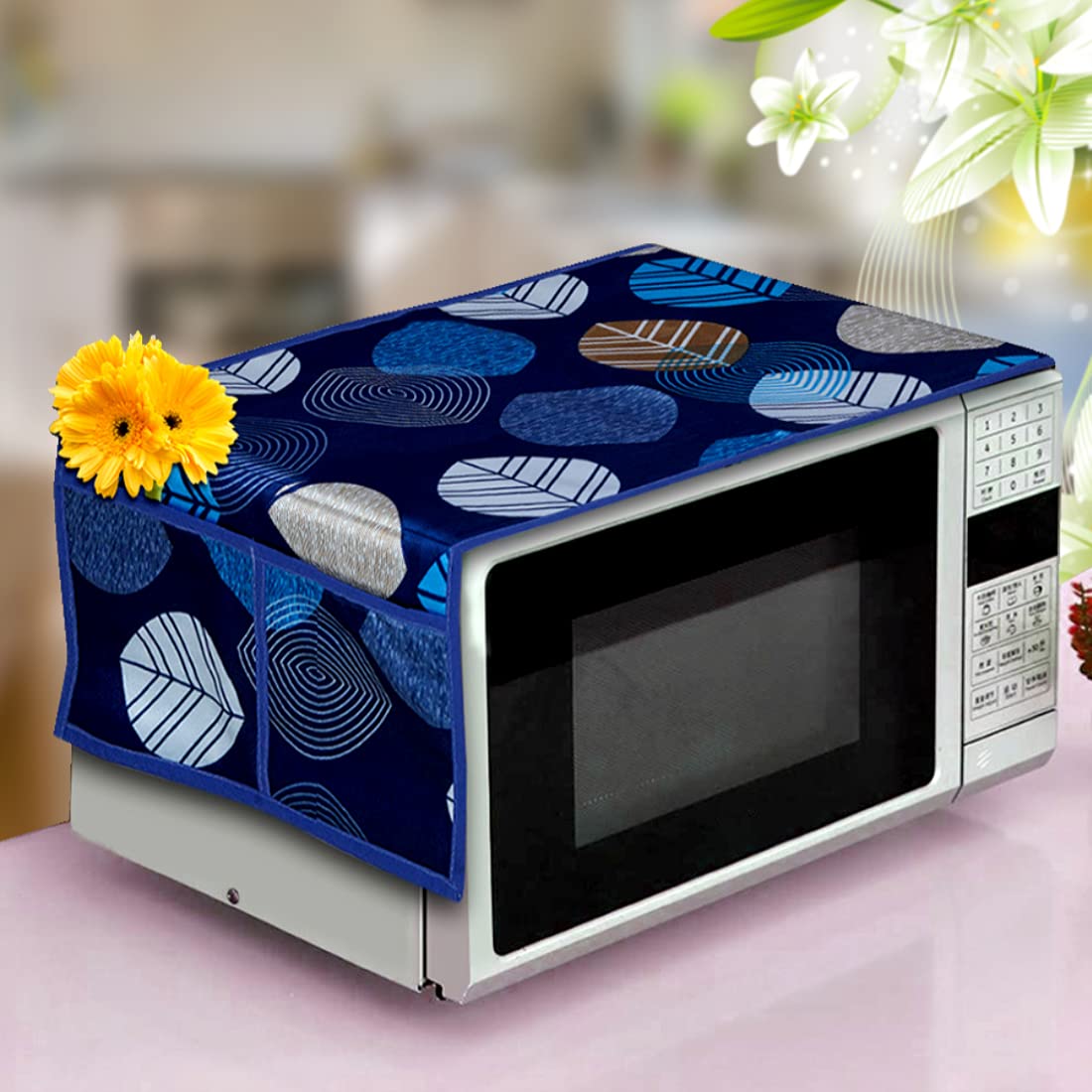 Kanushi Industries Microwave/Oven Top Cover With 4 Utility Pockets (Var2MicroBlueLongLeaves)