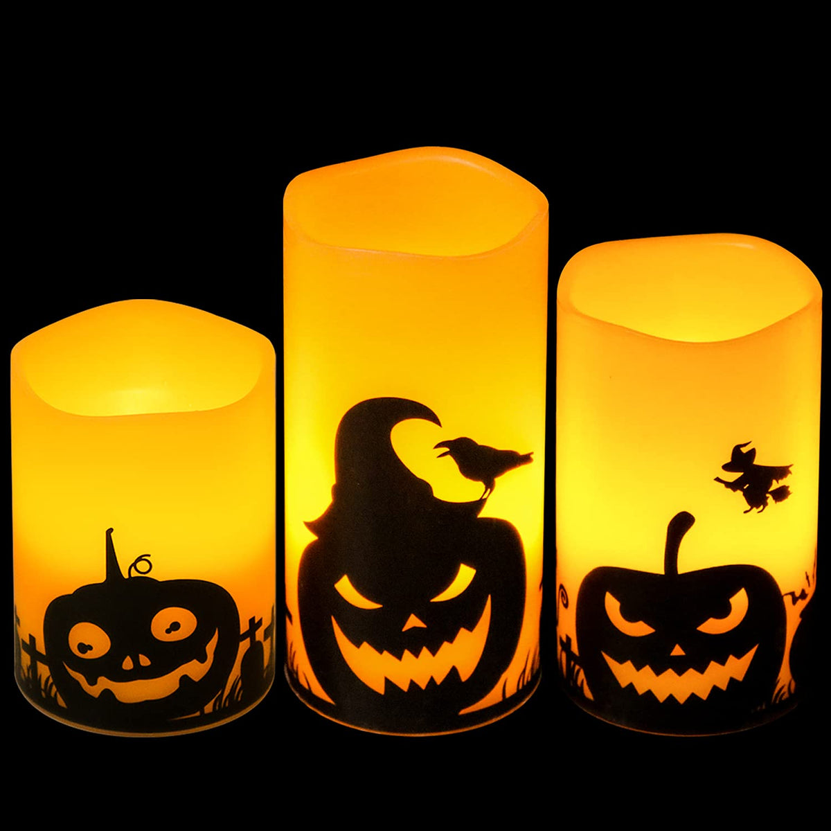 Eldnacele Halloween Flameless Candles, Led Flickering Battery Pillar Candles With 6H Timer And Pumpkin Decals, Spooky Fall Hallo