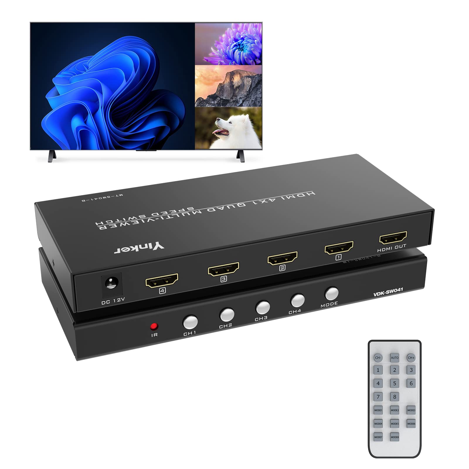 Yinker Hdmi Multiviewer Switch 4X1, Hdmi Quad Multiviewer Switcher 4 In 1 Out, Supports 4 Display Mode 1080@60Hz With Ir Remote