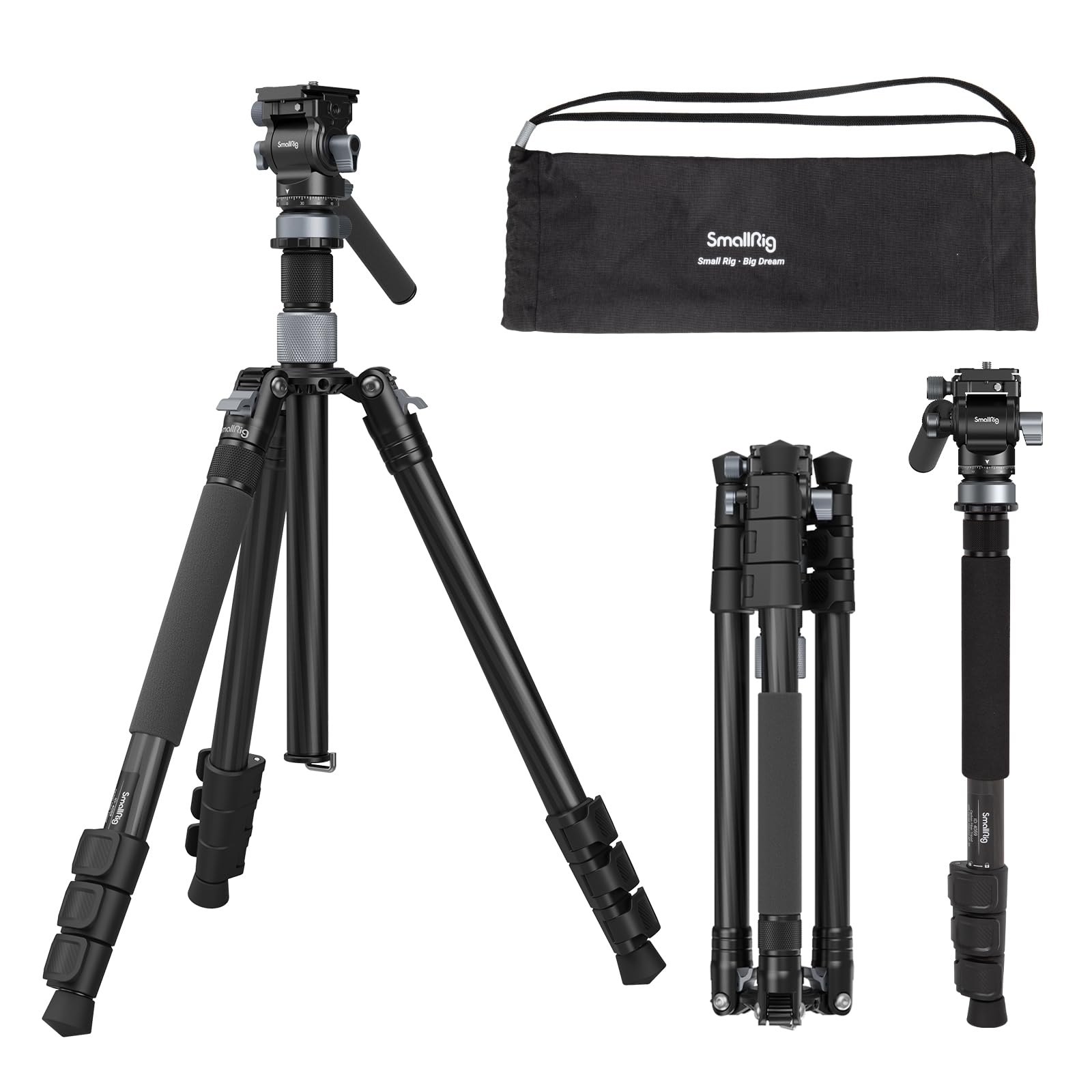 SmallRig 63 Video Travel Tripod, Carbon Fiber Tripod with Quick Release Fluid Head, Leveling Bowl Base and Center Column, 1.3kg 