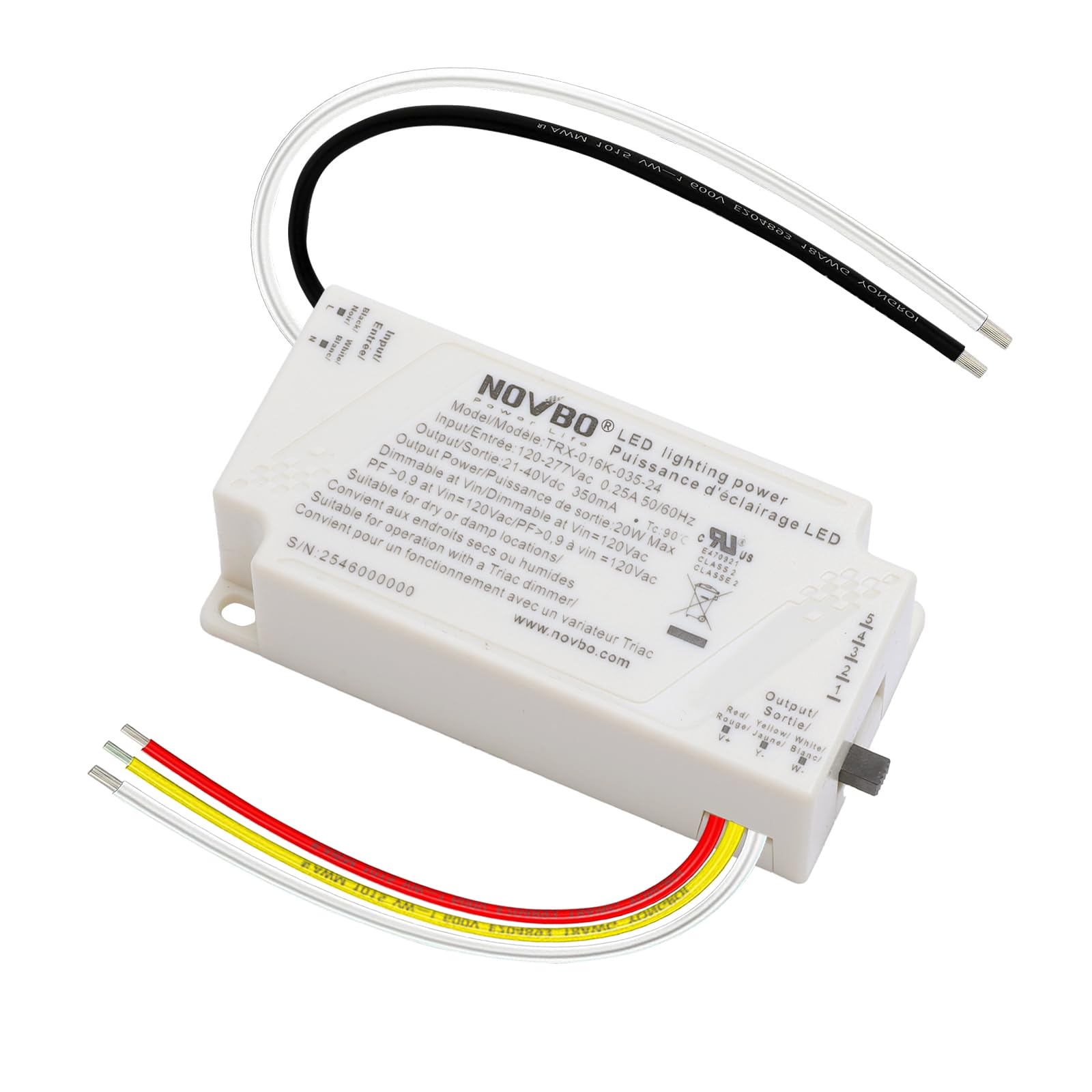 NOVBO TRIAC Dimmable LED Driver 16W 350mA Low Voltage Transformer AC 120-277V to DC 21-40V Class 2 Power Supply Pre-Set 5CCT & F