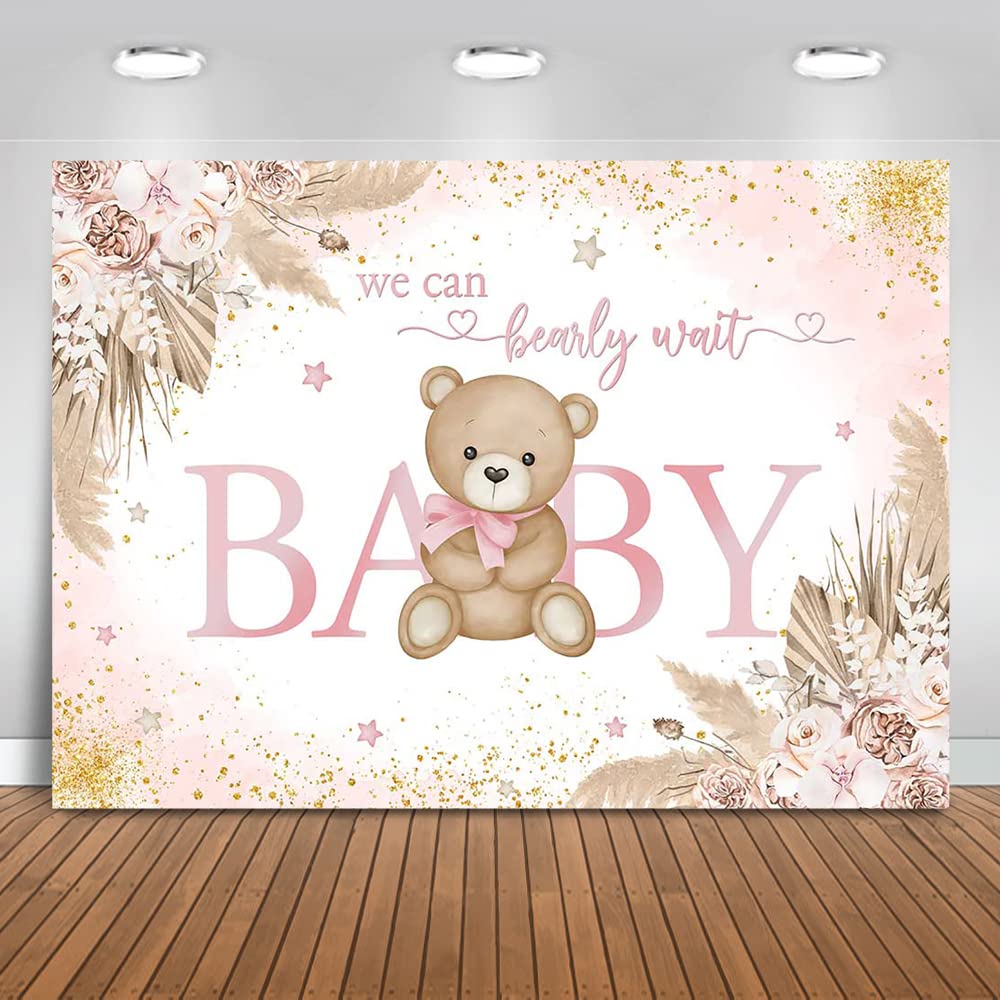 Mocsicka Girl Bear Backdrop Pink Boho Pampas Grass Background We Can Bearly Wait Baby Shower Party Cake Table Decoration Photo B