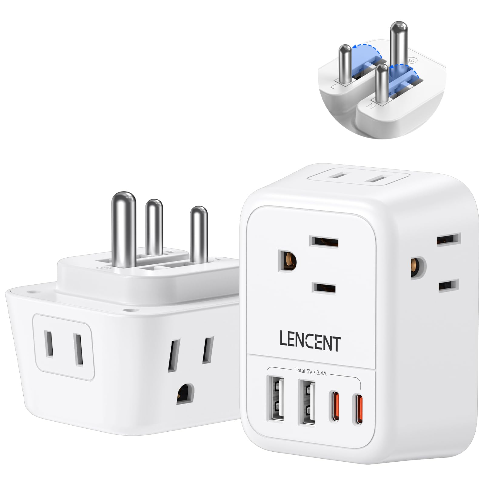 Lencent Foldable India Travel Plug Adapter, Us To India Power Plug Adapter With 4 Outlets, 4 Usb Charger(2 Usb C), Type D Adapto