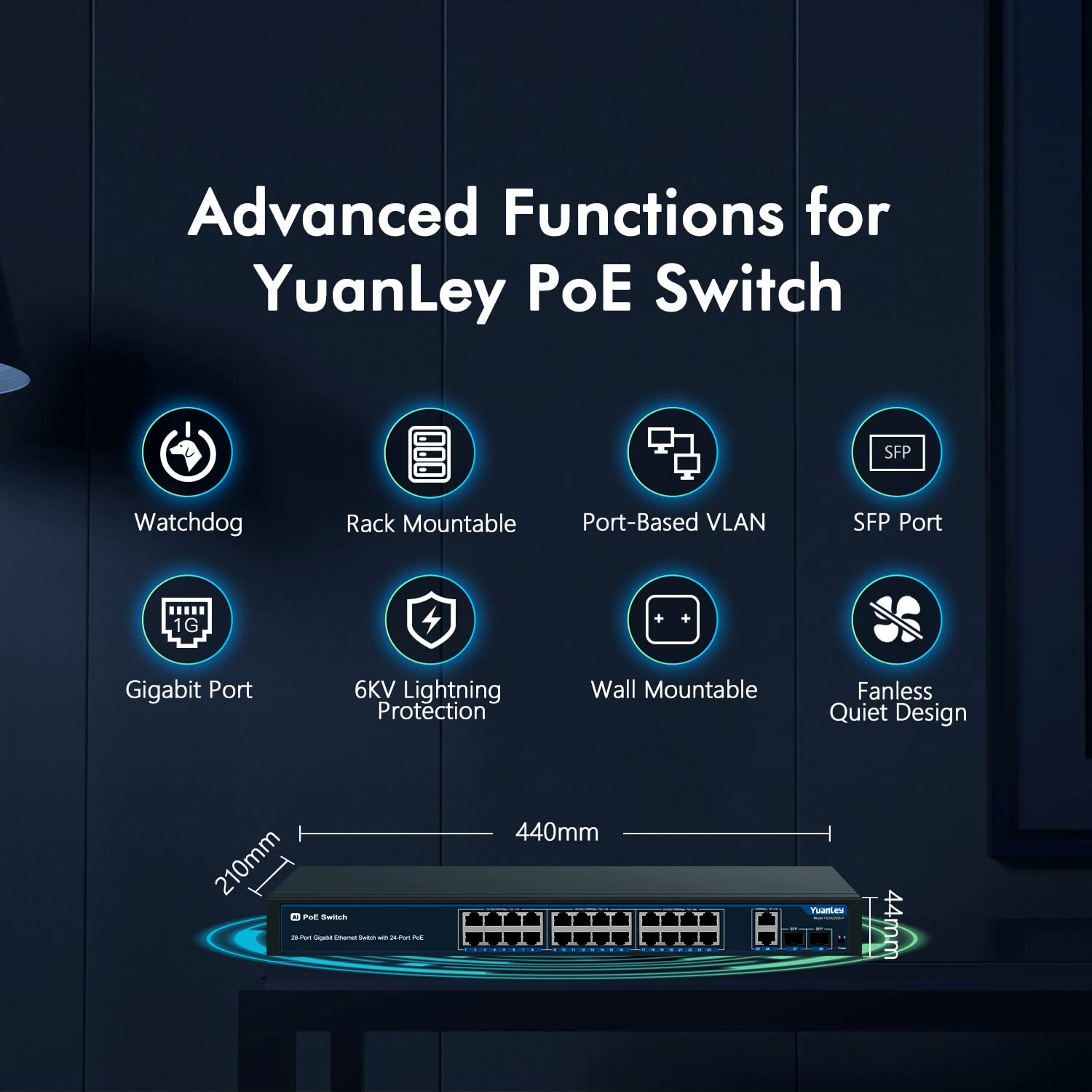 24 Port Gigabit Ethernet Poe Switch With 2 Uplink Gigabit Port & 2 Sfp Port, Yuanley Unmanaged 24 Port Poe+ Network Switch, Rack