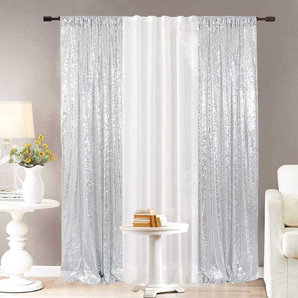 Eternal Beauty Silver Sequin Backdrop Curtains For Wedding Party Decor, Sequin Christmas Backdrop Curtain (2 Pack, W2 X H8Ft,Sil