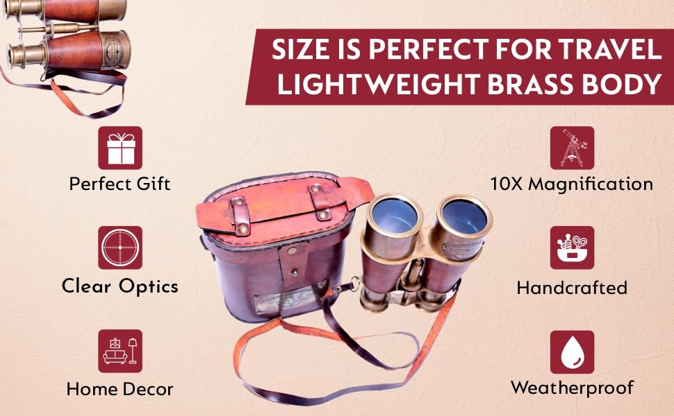 Nautical Antique Victorian Marine Brass Leather Binocular Opera Glasses & Spyglass London 1915 Home & Office Decor (Orange)   Na