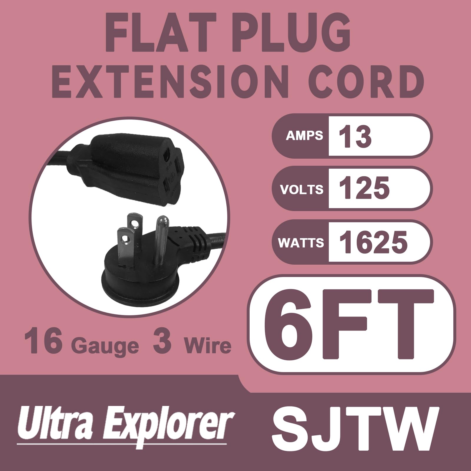 Ultra Explore 2 Pack 6 Ft Flat Plug Extension Cord, 16 Awg 3 Prong Grounded Extension Cord Black Flat Plug, Low Profile Extensio