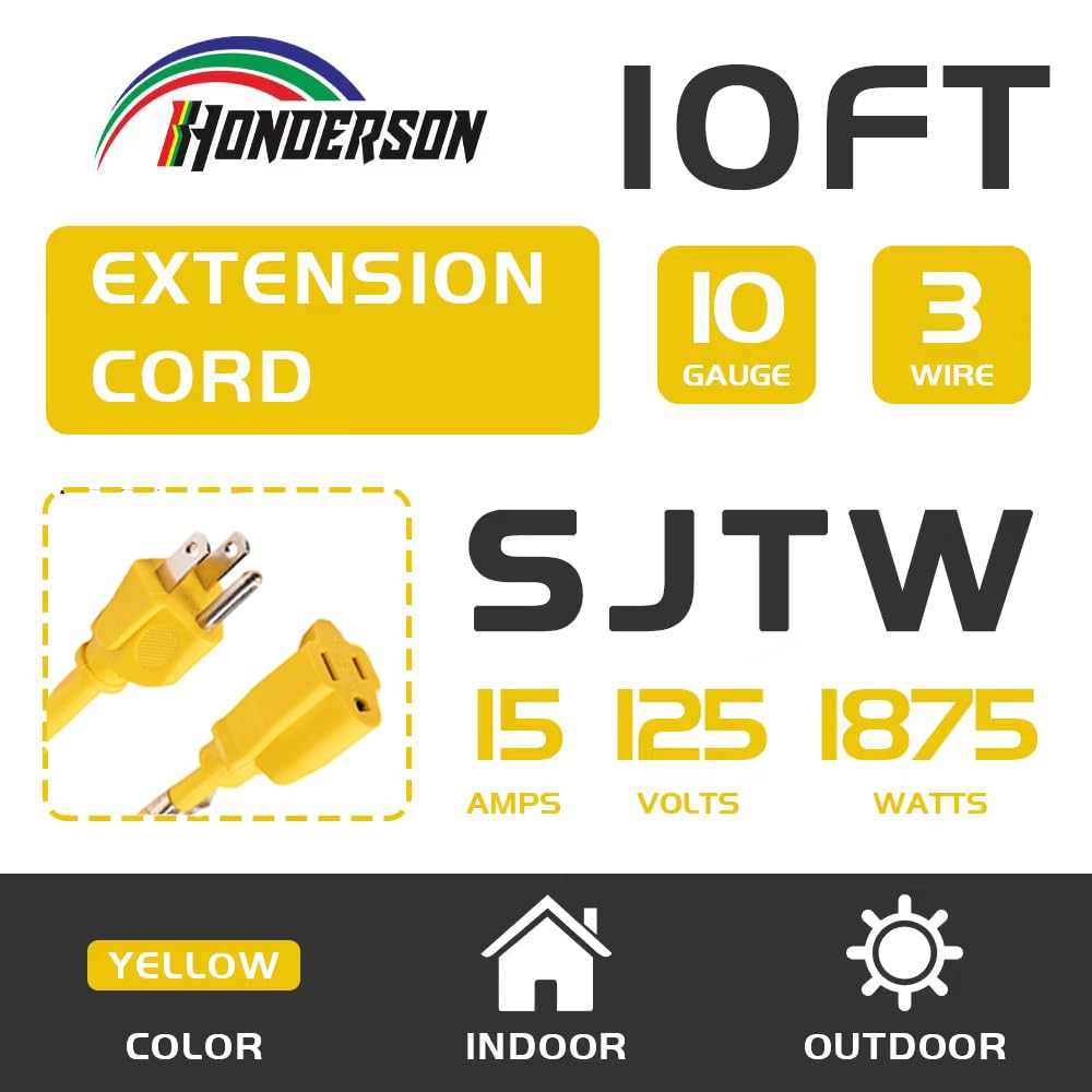 Honderson Indoor Outdoor Extension Cord Weatherproof, Ul Listed, 10 Gauge 10Ft Yellow 3 Prong Heavy Duty, 10/3 Sjtw 15A Power Co