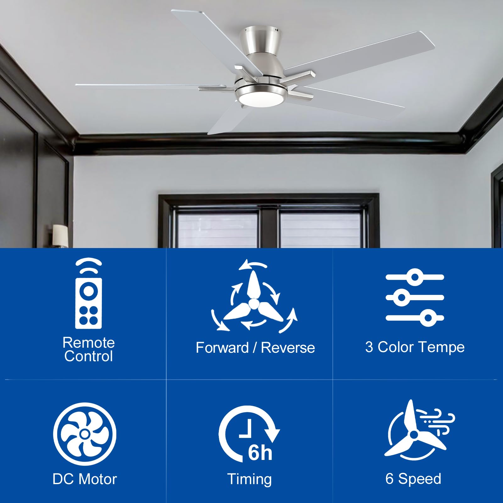 52 Inch Ceiling Fans With Lights,Brushed Nickel Low Profile Ceiling Fan With Light And Remote Control,Flush Mount,6 Speed Revers
