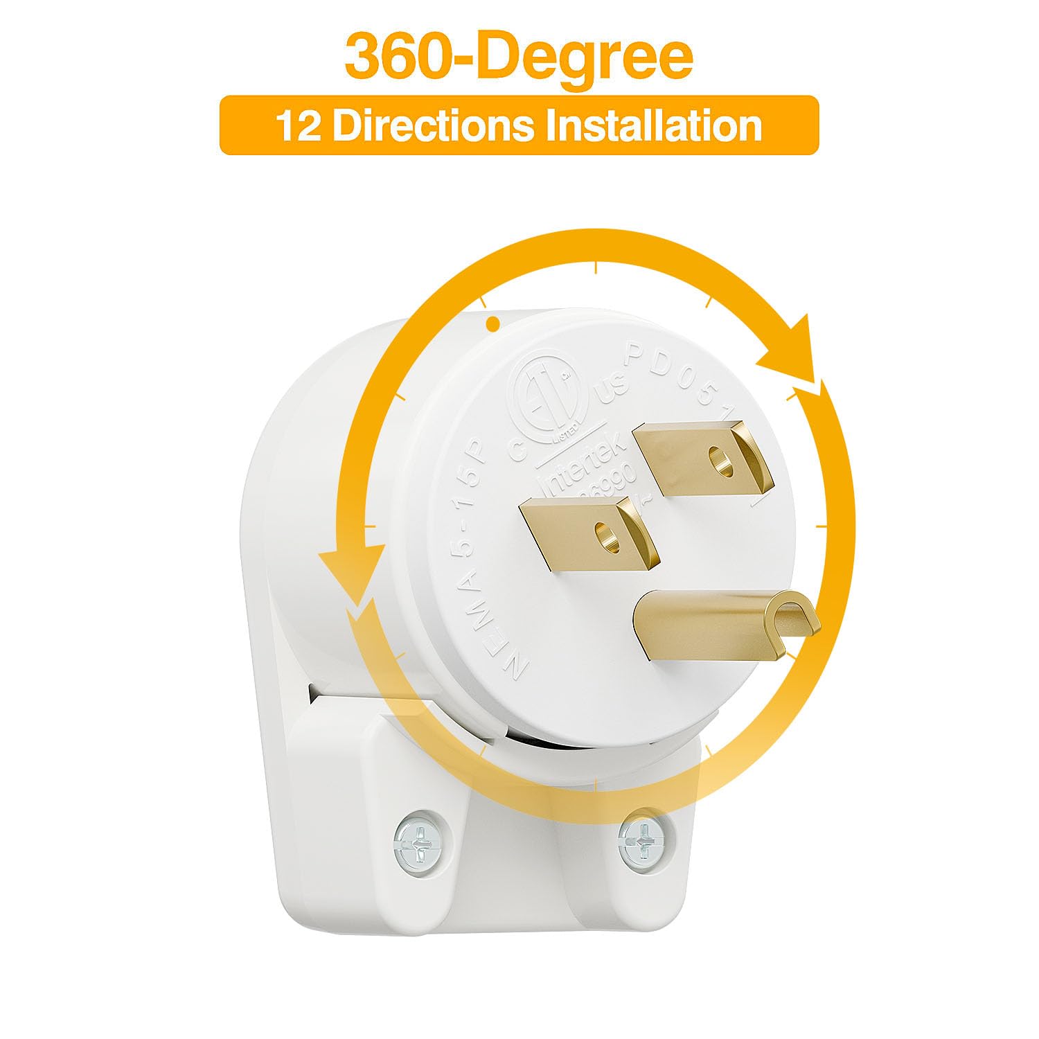 Plugrand 12 Direction Adjustable Nema 5 15P Right Angle Plug   15A, 125V, White, Etl Verified