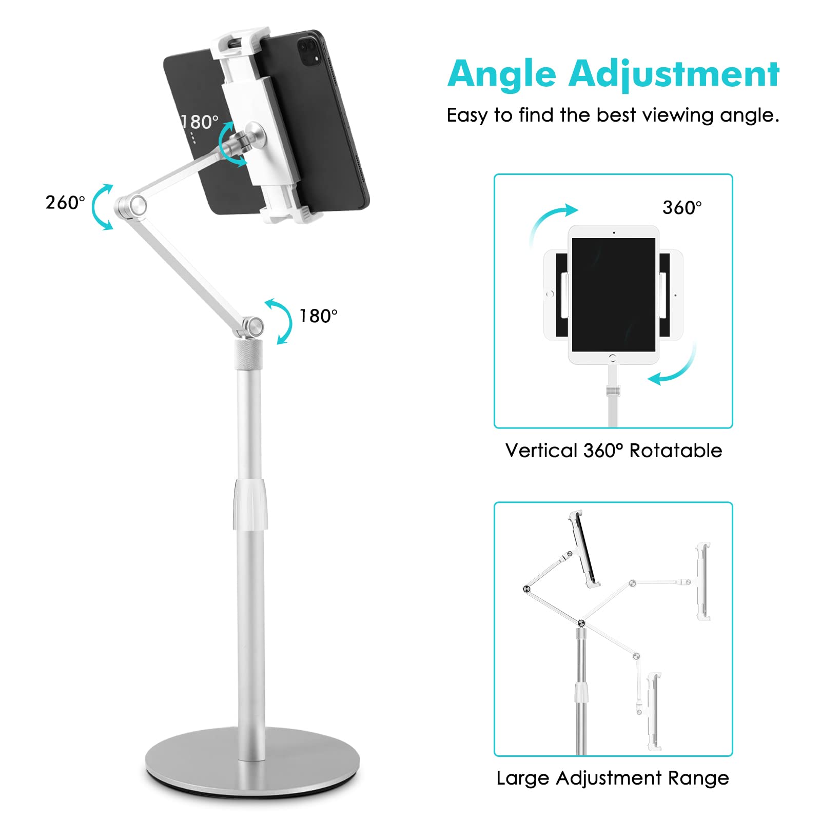 Viozon Tablet Phone Overhead Stand, Height & 360 Degree Angle Adjustable, Aluminum Desktop Stand, Compatible with 3.5 11' Cellphone or Tablet Such as iPhone iPad Pro Air Mini, Samsung, Nexus(AP 4PS)